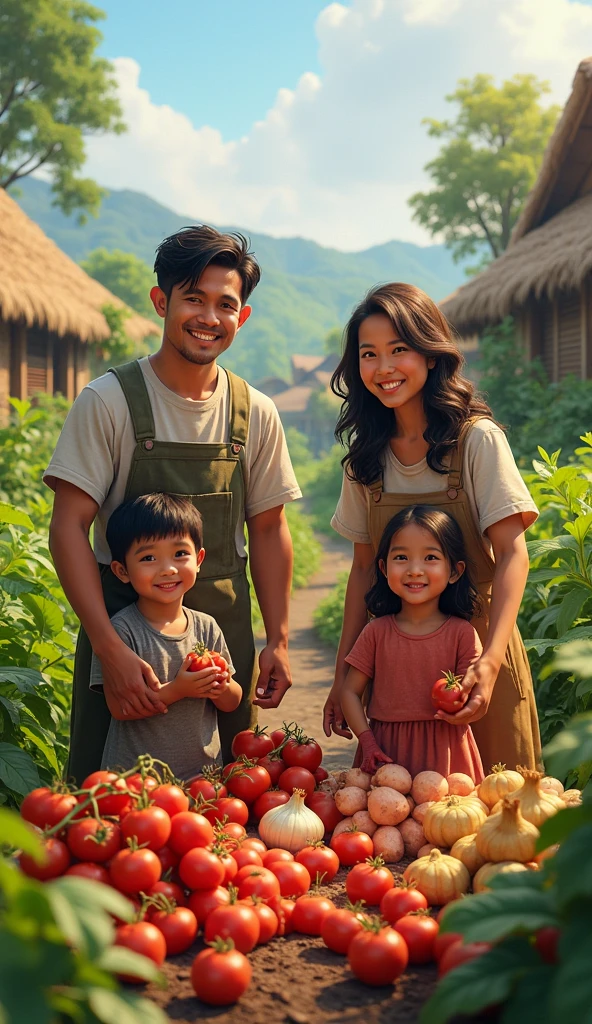 The couple and their children harvest grapes in the vineyard together,The grapes were harvested a lot,Everyone was happy,The picture is warm,Bright colors。