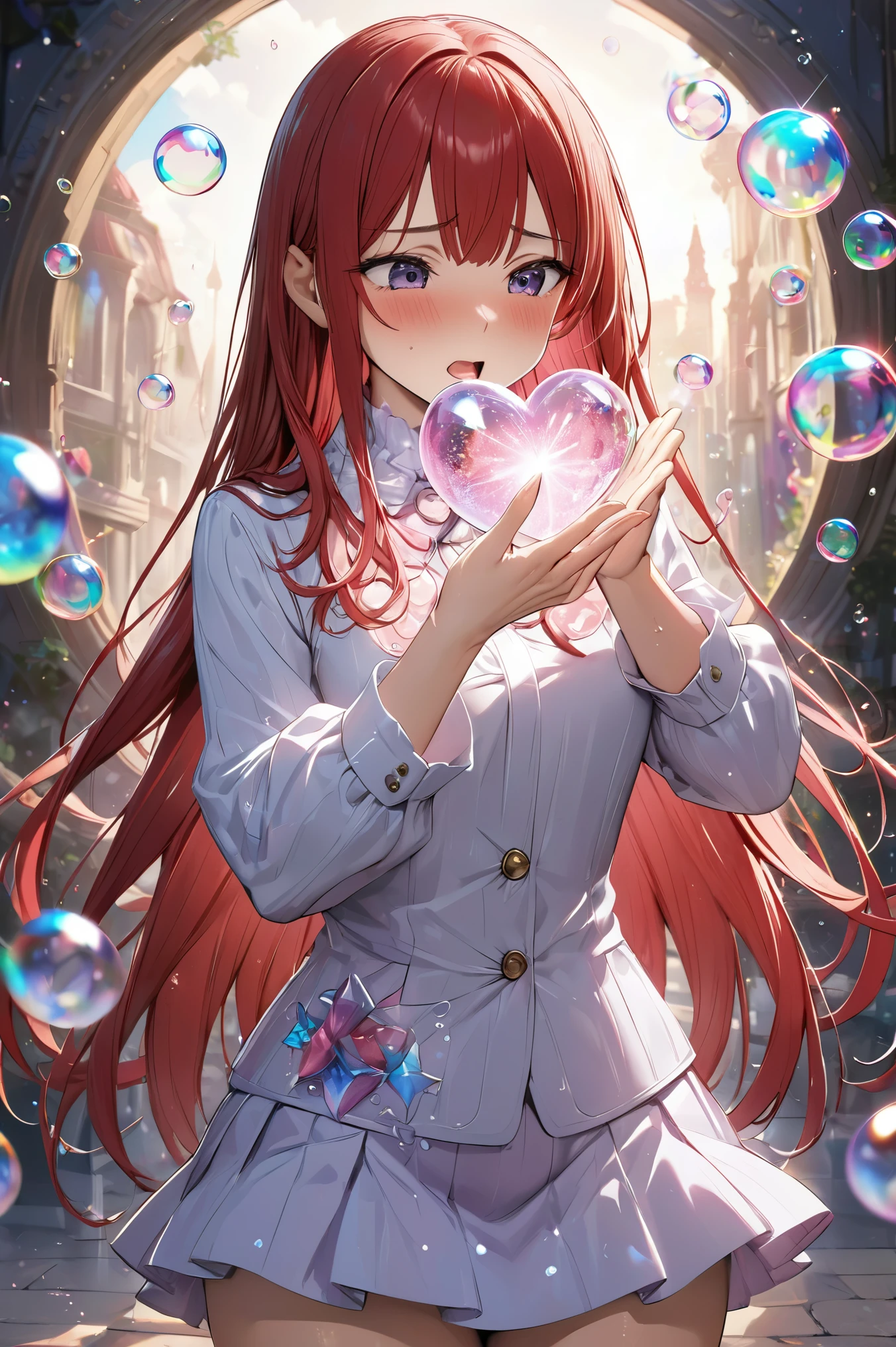 Magic bubbles to make hearts, girl,wizard in mini-skirt expressing affection by magic, cool and mature woman, slim body, cowboy shot.blushing, embarrassment, magic activation.,{{masterpiece}}, {{{best quality}}},{{ultra-detailed}},,,Straight hair,Long hair ,Red Hair, blunt bangs,hand,close mouth.