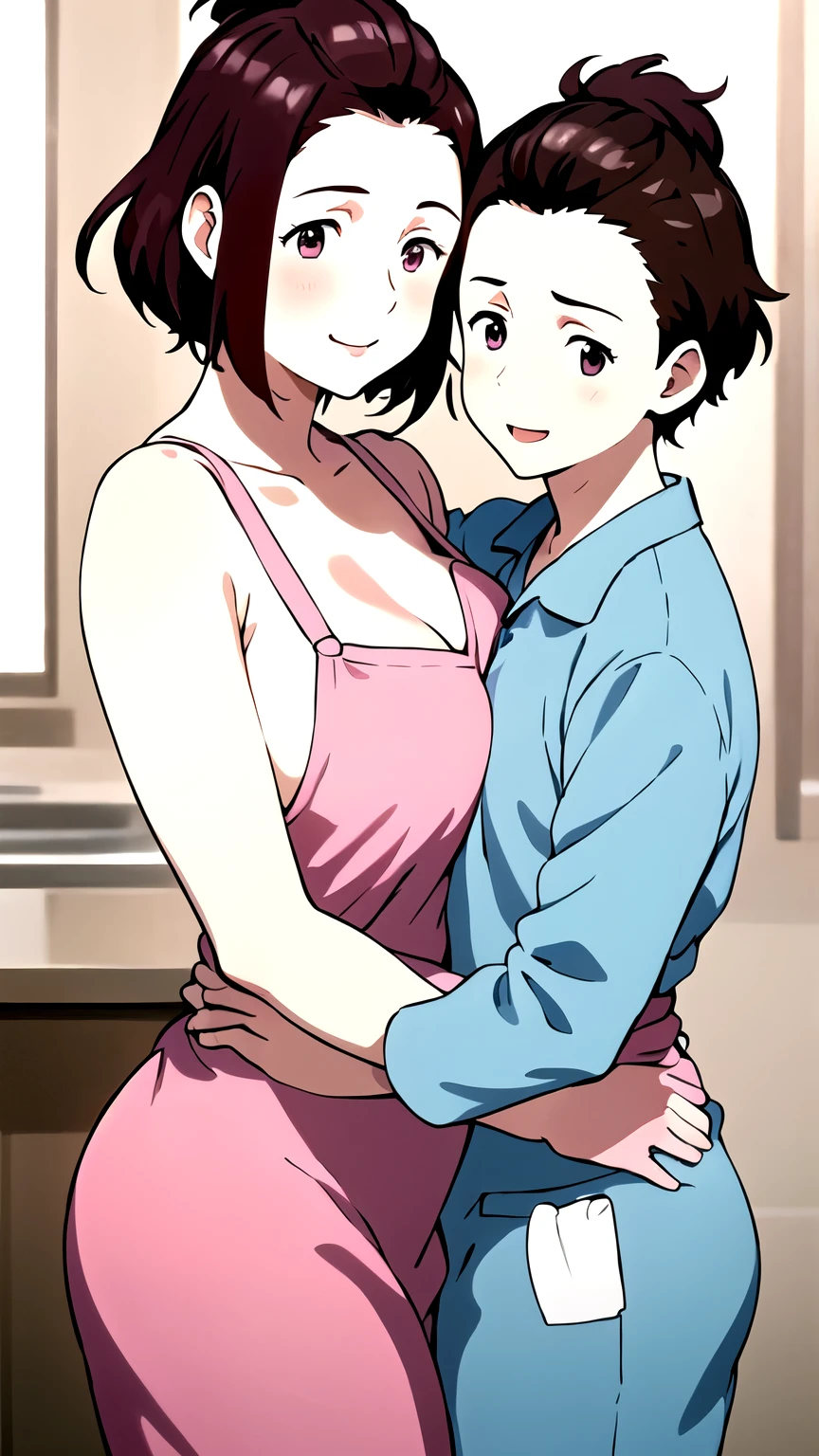 masterpiece, high definition , 1 girl , brown hair, Brown Eyes , Short Hair , hair tied at the back , whole body, Big Breasts 、 naked apron、 pink apron、smile、 big butt 、 tall women、 fat woman、 small face、Big body、son、、Parent and hugging each other、Hugs、boy in pajamas