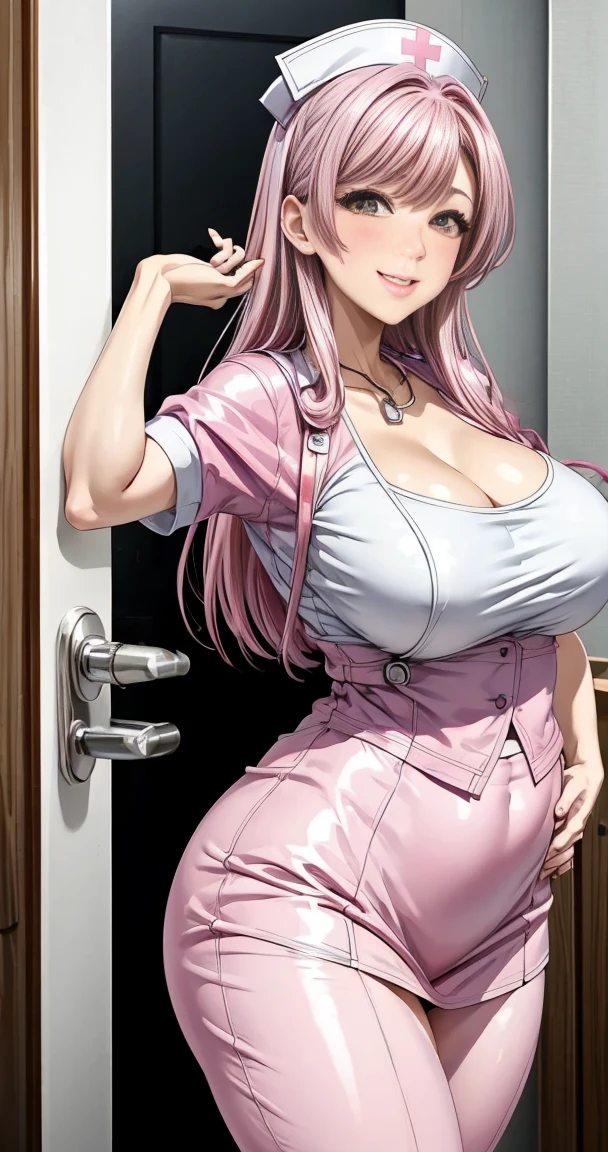 masterpiece,  best quality,  super detailed, nurse, Pink Hair, Medium Hair , half up,Big hips,  smiles lightly, hospital,White handbag,White nurse uniform,Pink Eye,chubby,  nurse cap ,  small breasts,nurse ボトムス,Stethoscope, white pants,
,  best quality,   great quality,  very aesthetic,