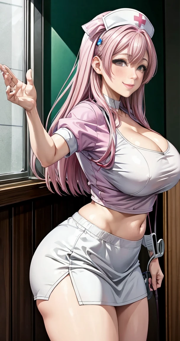 masterpiece,  best quality,  super detailed, nurse, Pink Hair, Medium Hair , half up,Big hips,  smiles lightly, hospital,White handbag,White nurse uniform,Pink Eye,chubby,  nurse cap ,  small breasts,nurse ボトムス,Stethoscope, white pants,
,  best quality,   great quality,  very aesthetic,