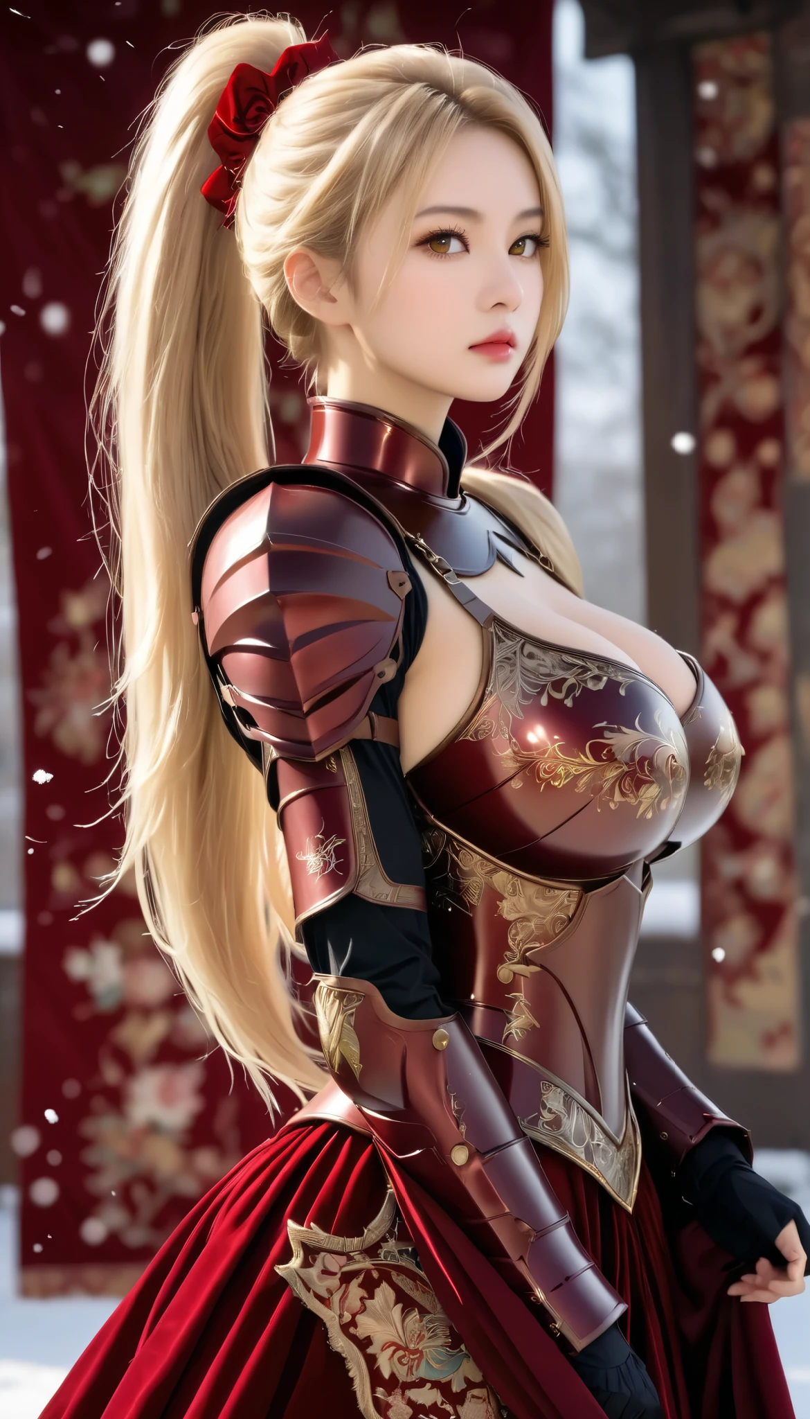 light particles, soft lighting, volumetric lighting, intricate details, finely detailed,1girl, solo, dark knight, full body shot, (nudity:1.0), (beautiful and ample breasts:1.5) and a huge waist,blonde hair, long hair, high ponytail,red eyes, long eyelashes, thick eyelashes, looking at viewer,red kinght full body armor, Armor with a snow and golden dragonLong skirt of deep red velvet fabric, puffy sleeves, juliet sleeves, (long sleeves:1.2), Banner、、,gorgeous tapestry wallpaper, from side,