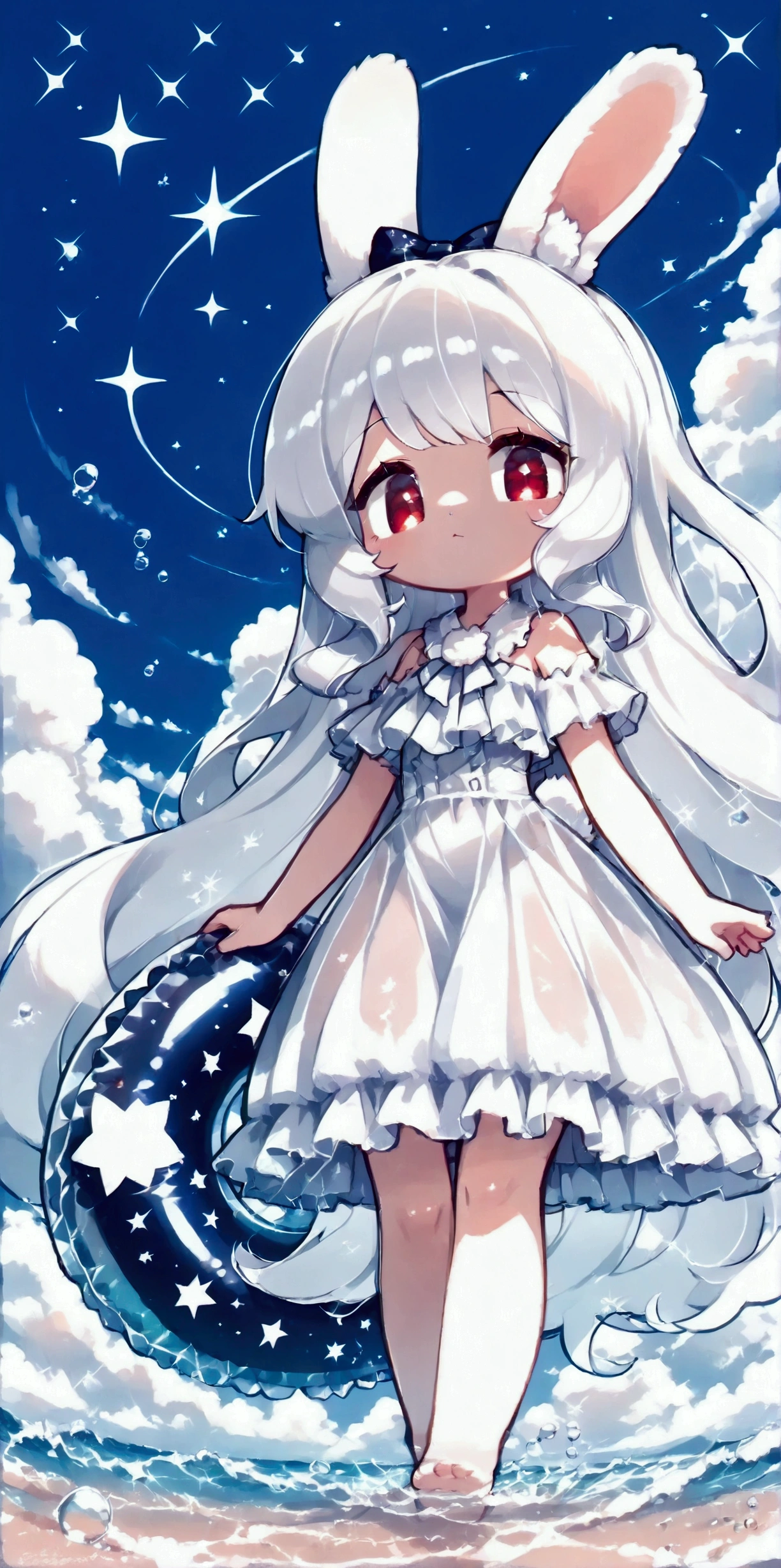 solo,1girl\((chibi:1.3),cute,kawaii,(white hair:1.7),(very long hair:1.7),bangs,(ear\(fluffy white bunny-ear\):1.4),(red eye),big eye,beautiful shiny eye,skin color white,big hairbow,(white frilled dress:1.3),breast,white rabbit tail at hip,\) (sit on (bubble:1.3)\(huge,gigantic, elasticity,soft,beautiful,shining in vivid cosmic color,(transparent:1.3),(float in sky:1.4)\):1.5) . BREAK .background\(night sky,stars, calescent-moon\). . score_9, score_8_up, score_7_up, score_6_up, score_5_up, score_4_up,source_anime, source_furry,rating_safe,close up girl,dynamic angle,dynamic angle, beautiful landscape,from below