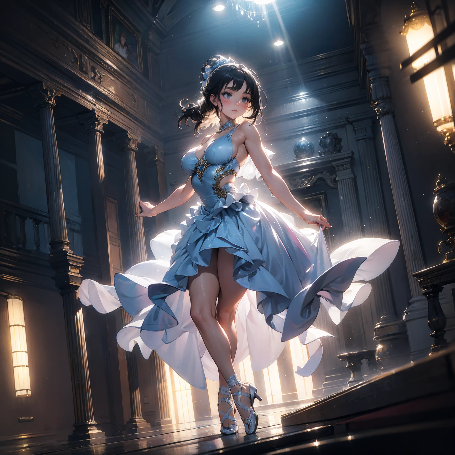 a young ballerina with large breasts, dramatic pose, mesmerizing expression, hyperrealistic, best quality, 8k, high resolution, masterpiece, ultra-detailed, photorealistic, physically-based rendering, vivid colors, studio lighting, sharp focus, elegant ballet dancer, intricate costume, flowing dress, graceful movements, ethereal atmosphere, moody lighting, cinematic composition, digital art, hyper-realistic, female protagonist