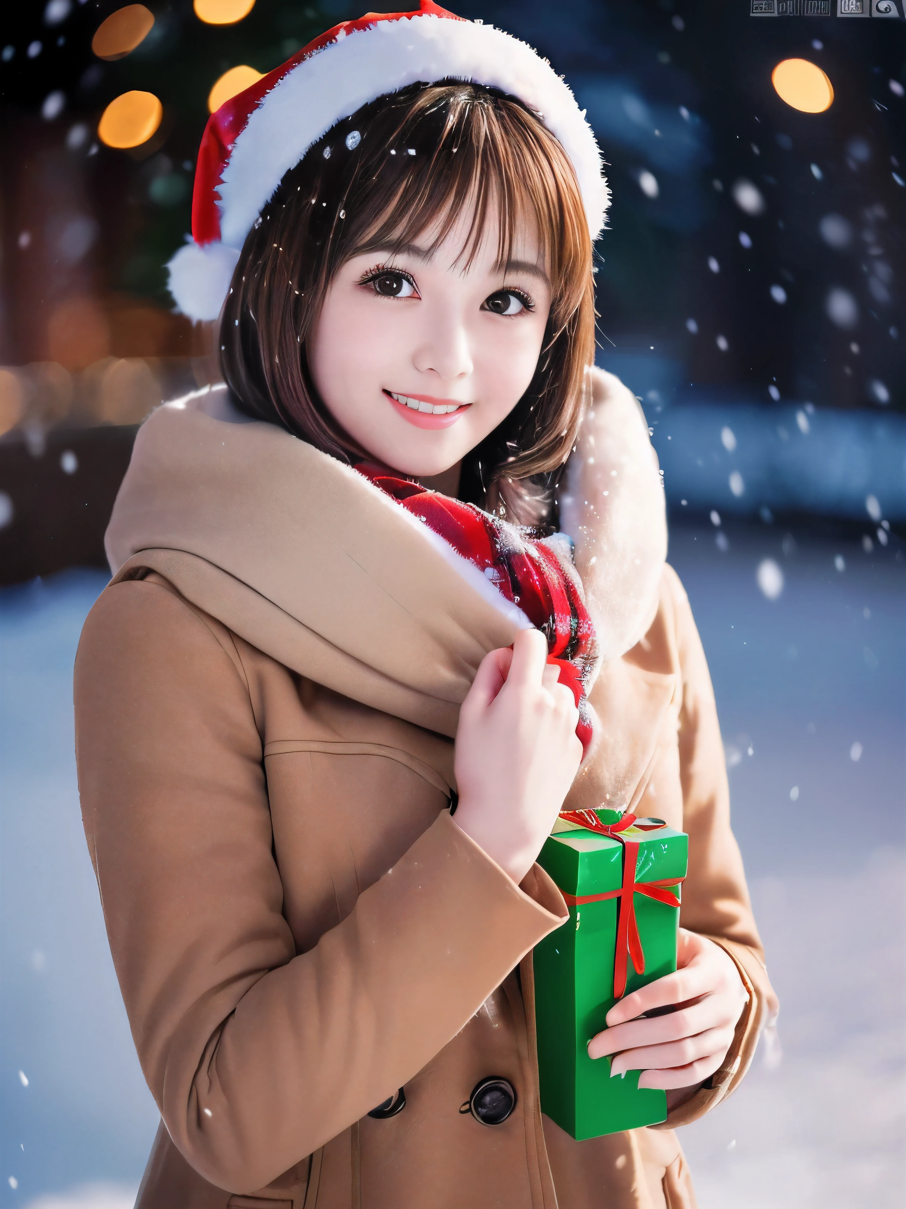 (Close-up face shot of one slender small breasts round face brown short hair with bangs girl in a winter long coat and  scarf:1.5)、(One girl is holding a big gift box in arms with happy smile:1.5)、(Very beautiful Christmas illumination night:1.5)、(Heavy snowing night:1.5)、(blurred background:1.5)、(Natural light:1.5)、(8k ultra detailed master piece:1.5)、(perfect anatomy:1.5)、(Photorealistic stick:1.5)、(Raw photo:1.3)、(highest quality:1.5)、(High resolution:1.3)、(Delicate and beautiful perfect face:1.3)、(Delicate and beautiful eye air skin:1.3)、(Real Human Skin:1.3)、((thin legs))