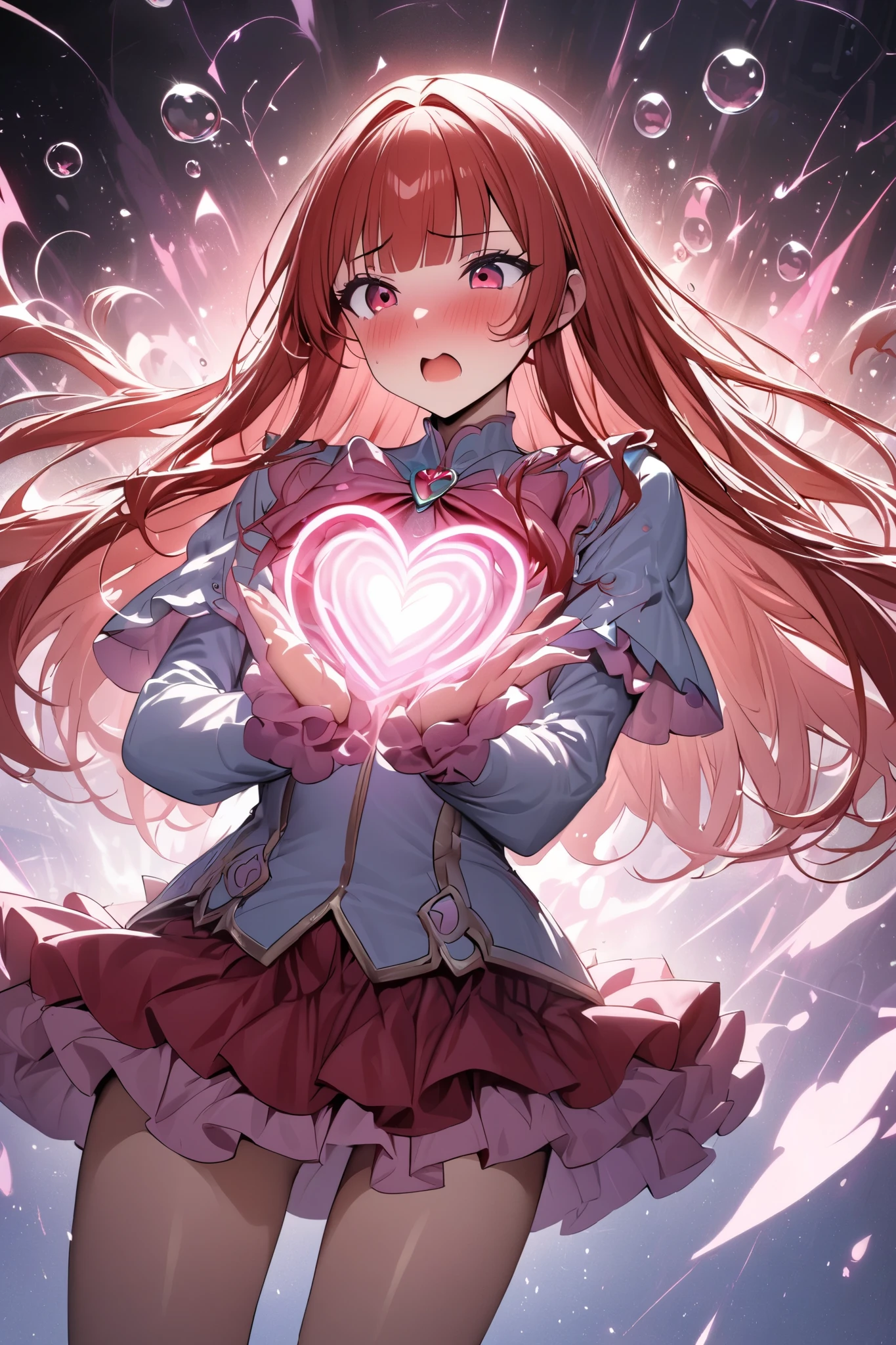 Dynamic composition,Magic bubbles to make hearts, Adult Magical Girl,girl,wizard in mini-skirt expressing affection by magic, cool and mature woman, slim body, cowboy shot.blushing, embarrassment, magic activation.,{{masterpiece}}, {{{best quality}}},{{ultra-detailed}},,,Straight hair,Long hair ,Red Hair, blunt bangs,hand,close mouth.