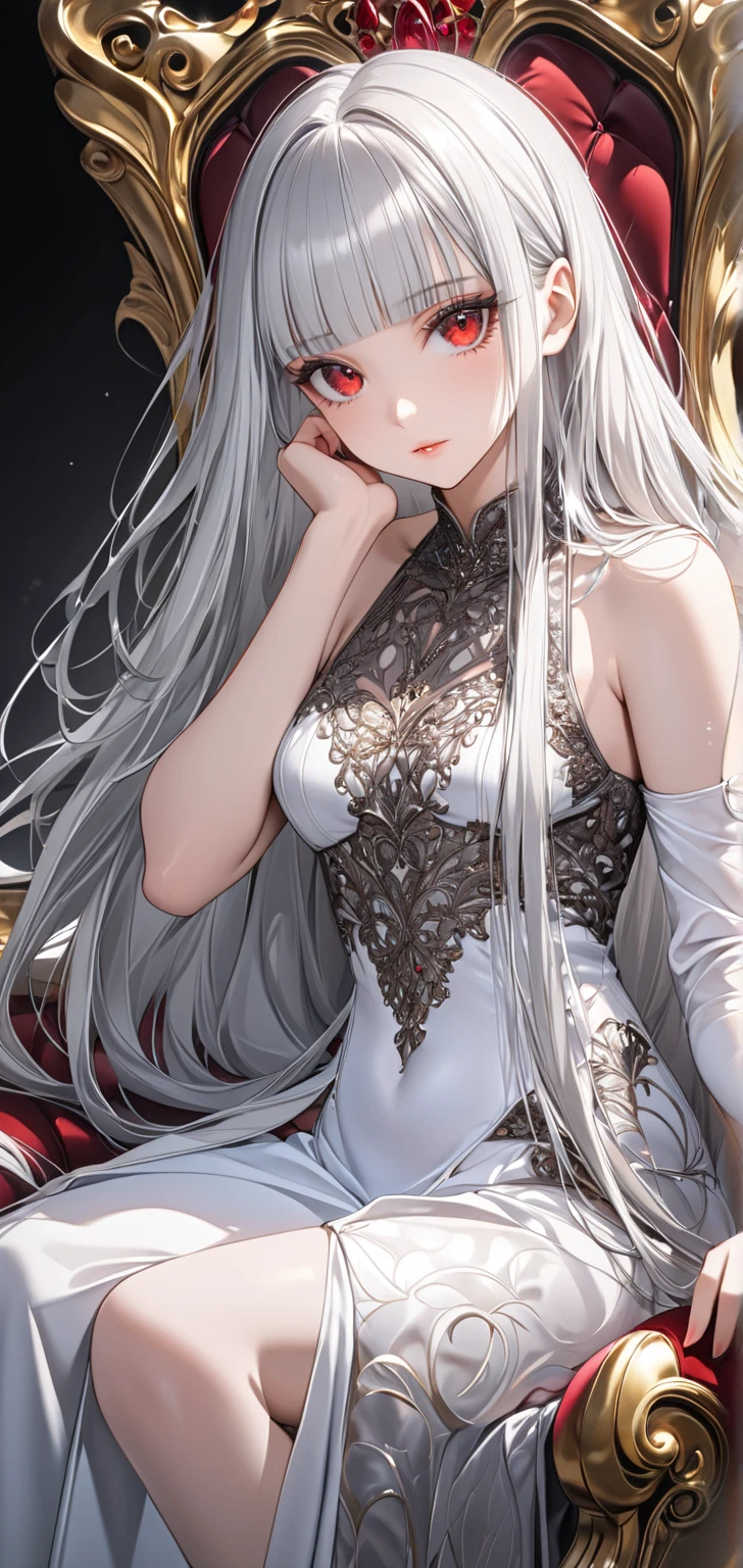 (Masterpiece:1.2), best quality, (illustration:1.2), (ultra-detailed), hyper details, (delicate detailed), (intricate details), (cinematic light, best quality Backlights), clear line, from below, soloist, perfect body, (1girl), white hair and yellow eyes, (emperor, black see-through clothes), (crown: 1.1), sitting on the throne, eyes slightly closed, head down, (shy: 1.2 ), (makeup), high contrast, (best illumination, an extremely create and beautiful), (cinematic light), colorful,