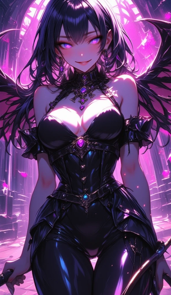 Masterpiece, best quality, 1girl, dark fairy, busty, small waist, large hips, cleavage black hair, dark wings, upper body, from front, arrogant look, dark clothes, in a destroyed church