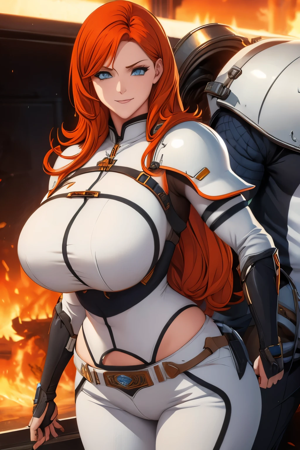 Woman , long orange hair, ginger hair, blue eyes, smiling, White mech armor, black pants, big boobs, wide hips, large thighs,