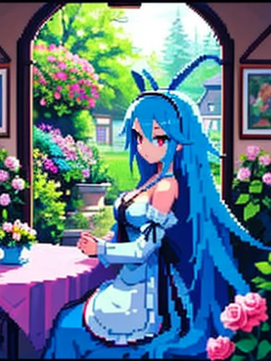 (Must work)、( best quality)、 Very detailed、 1 Girl 、 perfect face、 beautiful girl、 Very detailedな顔、（Long Blue Hair:1.5)、(Red eyes:1.4)、（ maid outfit :1.2）、Lahar-chan 、 long blue hair 、Antenna Hair、Red eyes、Big Breasts、 cleavage、solo、 1 girl 、( Vivid Details of Scenery :1.2)、indoor、Cafe、Lots of roses 、Light blue wall、Lots of roses 飾られた壁,there is a table with a vase of flowers on it, beautiful aesthetic, flower shop scene, beautiful and aesthetic, beautiful ambiance, gorgeous atmosphere, dreamy aesthetic, cottagecore!!, dreamy atmosphere, beautiful ambience, pastel blues and pinks, nature and floral aesthetics, dreamy and romantic, romantic atmosphere, cottagecore,(Pixel art_1.1),pixelart,Colorful portraits