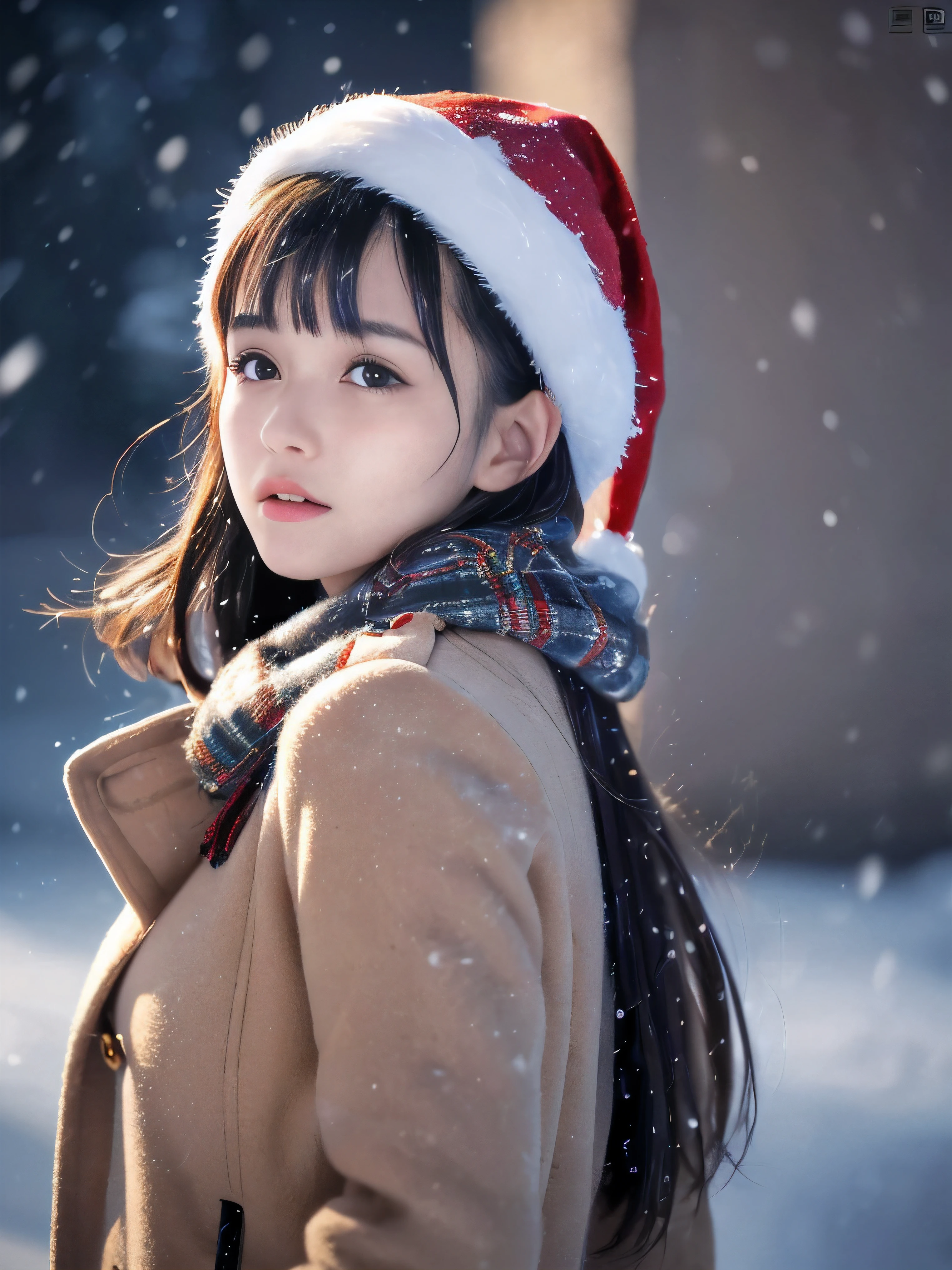 (Close-up face shot of one slender small breasts half up brown long hair with bangs girl in a winter long coat and scarf:1.5)、(One girl is looking back with crying face:1.5)、(Very beautiful Christmas illumination night:1.5)、(Heavy snowing night:1.5)、(blurred background:1.5)、(Natural light:1.5)、(8k ultra detailed master piece:1.5)、(perfect anatomy:1.5)、(Photorealistic stick:1.5)、(Raw photo:1.3)、(highest quality:1.5)、(High resolution:1.3)、(Delicate and beautiful perfect face:1.3)、(Delicate and beautiful eye air skin:1.3)、(Real Human Skin:1.3)、((thin legs))