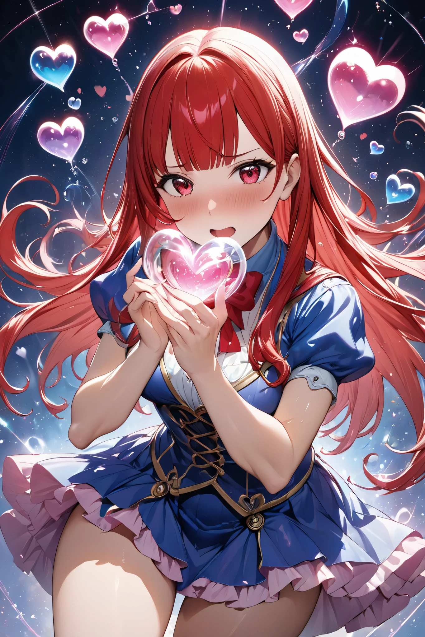 Dynamic composition,Magic bubbles to make hearts, Adult Magical Girl,girl,wizard in mini-skirt expressing affection by magic, cool and mature woman, slim body, cowboy shot.blushing, embarrassment, magic activation.,{{masterpiece}}, {{{best quality}}},{{ultra-detailed}},,,Straight hair,Long hair ,Red Hair, blunt bangs,hand,close mouth.