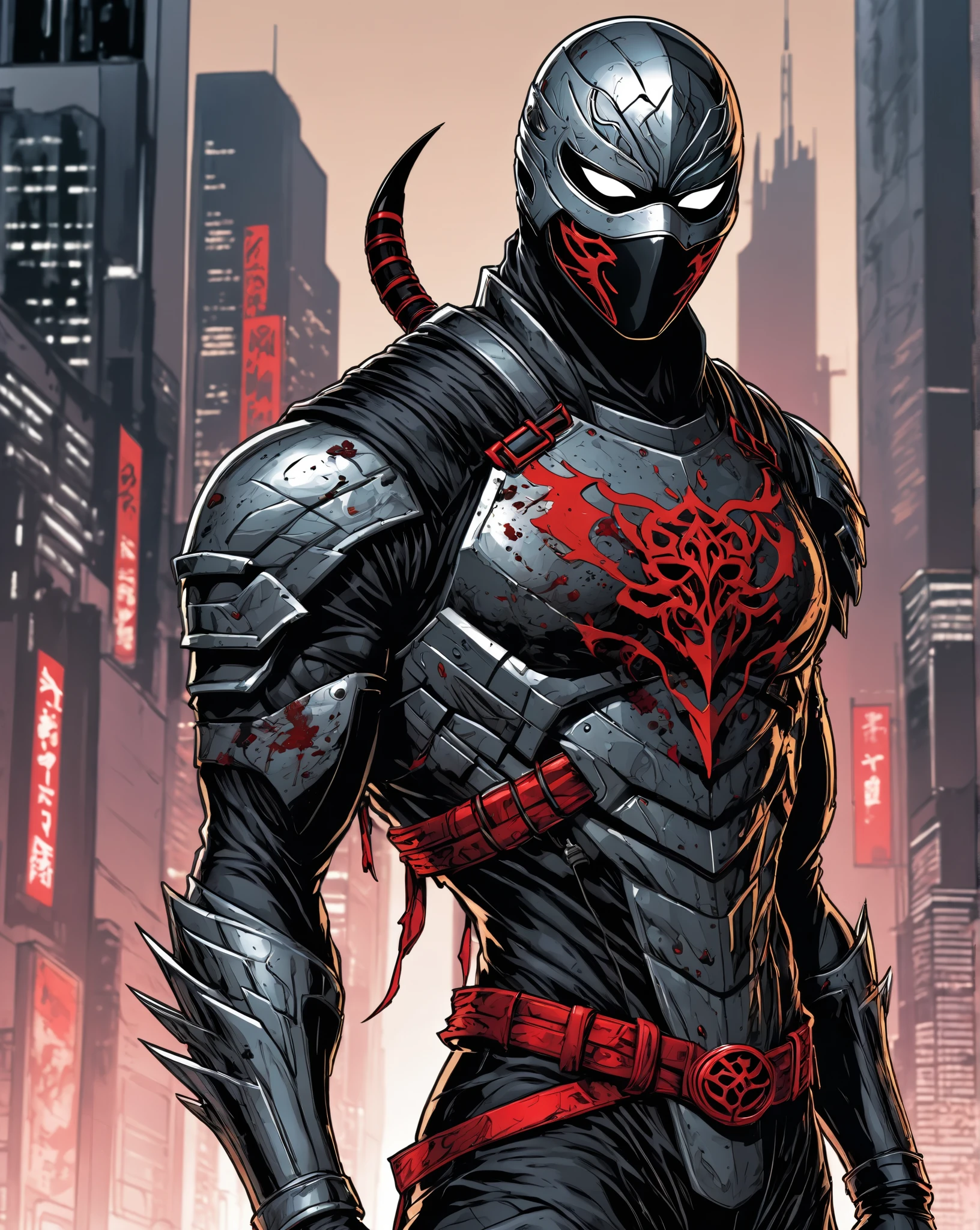 Future Ninja, Dark clothing with red blood ink, wearing a metal half-mask in the lower half of face, light body armor, created the obscure form of the Image Comics character, digital color, Todd McFarlane style, Brian Holguin style, Ultradetailed, future city