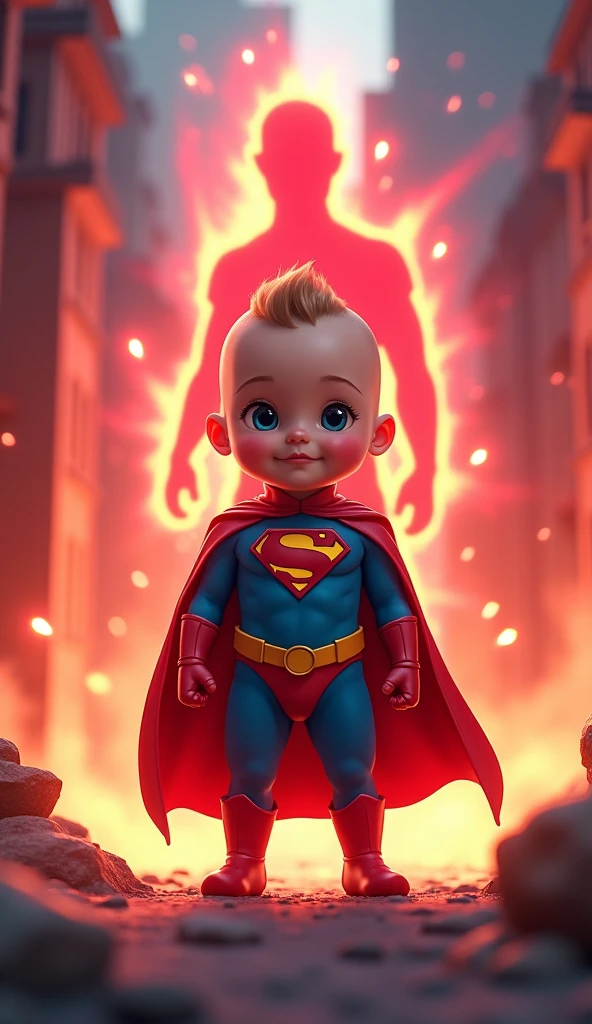 Very fat baby with a superhero cape and a symbol on his chest that says SF