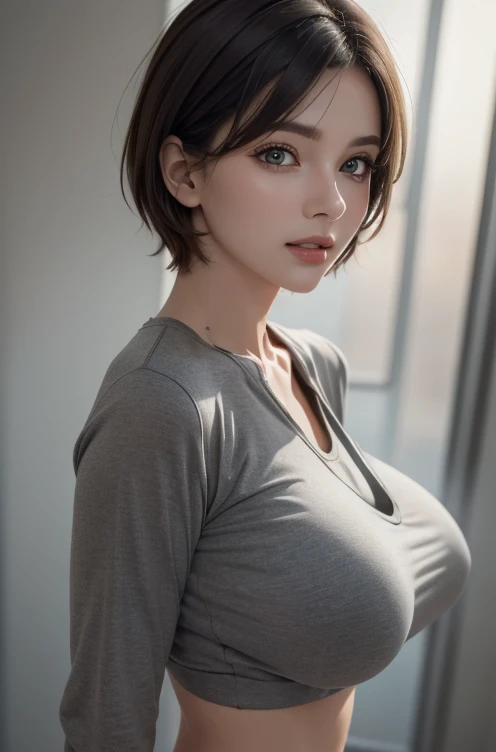 ( 8K Ultra HD 、RAW photo 、モデル photo 撮影、masterpiece,  best quality , photorealistic,  high res,  photo : 1.3), closure,  concentrate , Popular Models, (1.  Mature Women )、Short hair、 dark brown hair 、 Beautiful eye details 、(( big breasts )), realな肌, (  perfect figure ), Sexy hot face, , Sexual Perspective, Sweat top,  Beautiful eye details 、 shiny lips ,  bright light 、Dynamic Lighting、real、超real、 realism、realistic details, Cool and beautiful、 Cool Poses 、The background is gray 、grey solid background