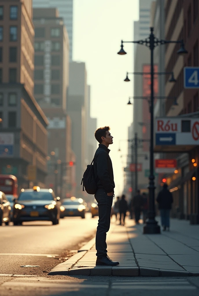 A young ager,Expose the side face,Standing alone on the street,The road is lined with high-rise buildings(Bleak),The teen walked forward --auto