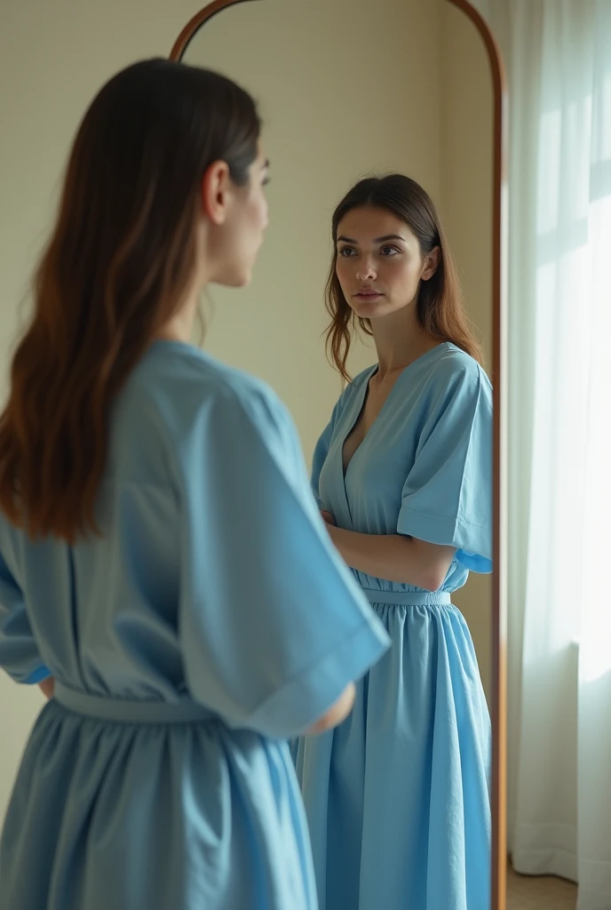 A woman standing in front of a large mirror looking at herself, thoughtful, wearing a dark blue dress with sleeves, light fluid, covering her breasts, photo by full body, photography realistic, photorrealistic, HDR, sharp focus, proffesional, bright coloured, natural lighting, 