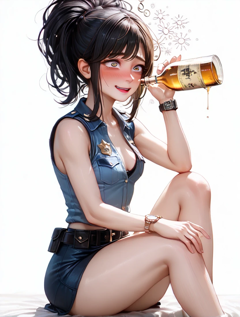 Naked Asian Beauties,Black Hair,Nude with belt and holster,Watch on wrist,Drunk,hiccups,indoor,White background,Cowboy Shot,Ultra-high resolution,16K