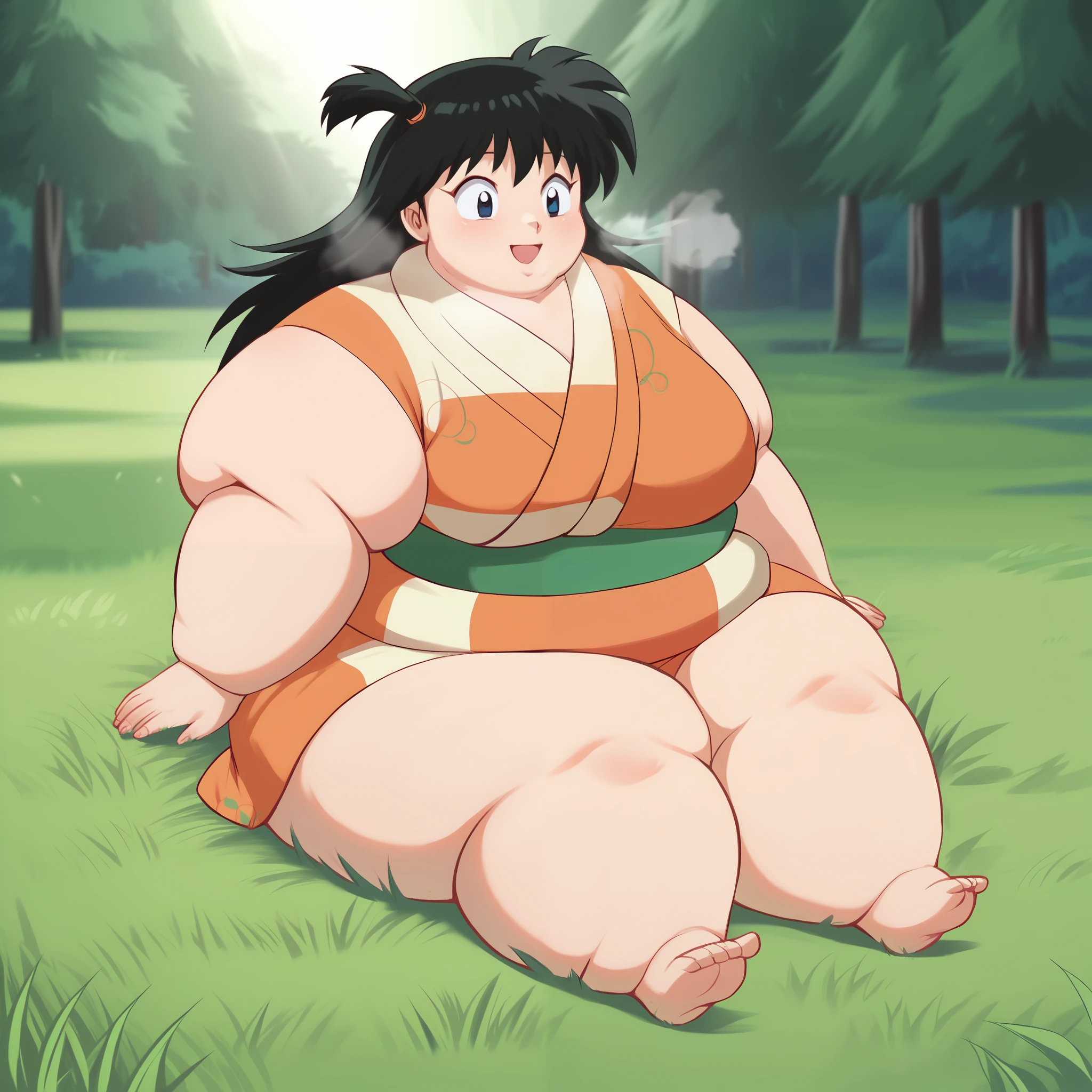 score_9, solo, rin_inuyasha, black hair, long hair, side ponytail, kimono, cute, sitting, grass, tree, natural lighting fat, chubby, obese, gigantic arms and legs, large breasts open mouth, out of breath, smile, trying to huge, 