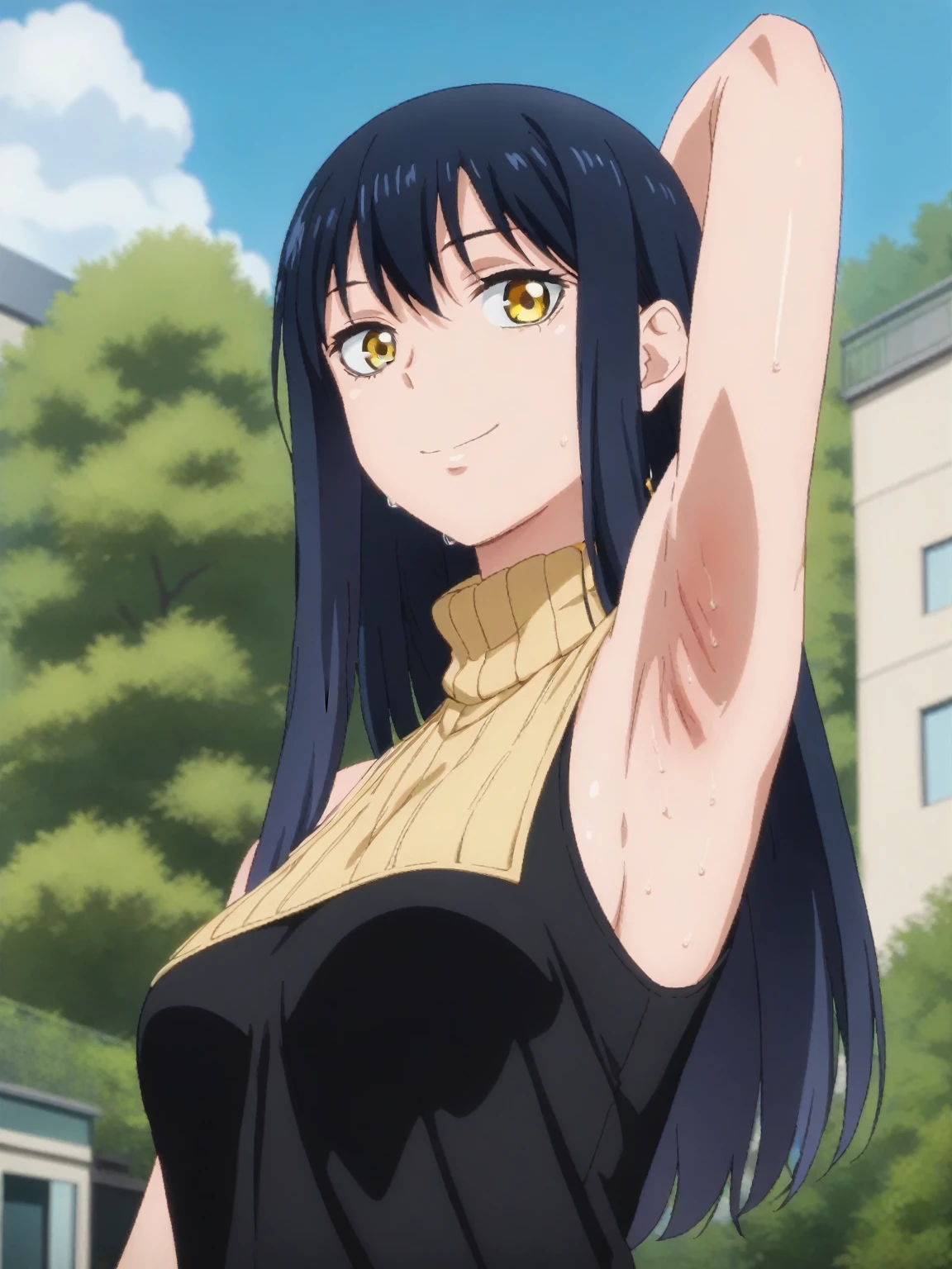 score_9, score_8_up, score_7_up, source_anime, anime screencap, 1girl, solo, ,iko yotsuya, long hair, blue hair, yellow eyes , medium breasts, cream sweater, arm behind head, armpit, armpit focus, from side, (from below:1.1), looking at viewer, head towards viewer, smile, closed mouth, badhandv4, outdoors, day, sweaty