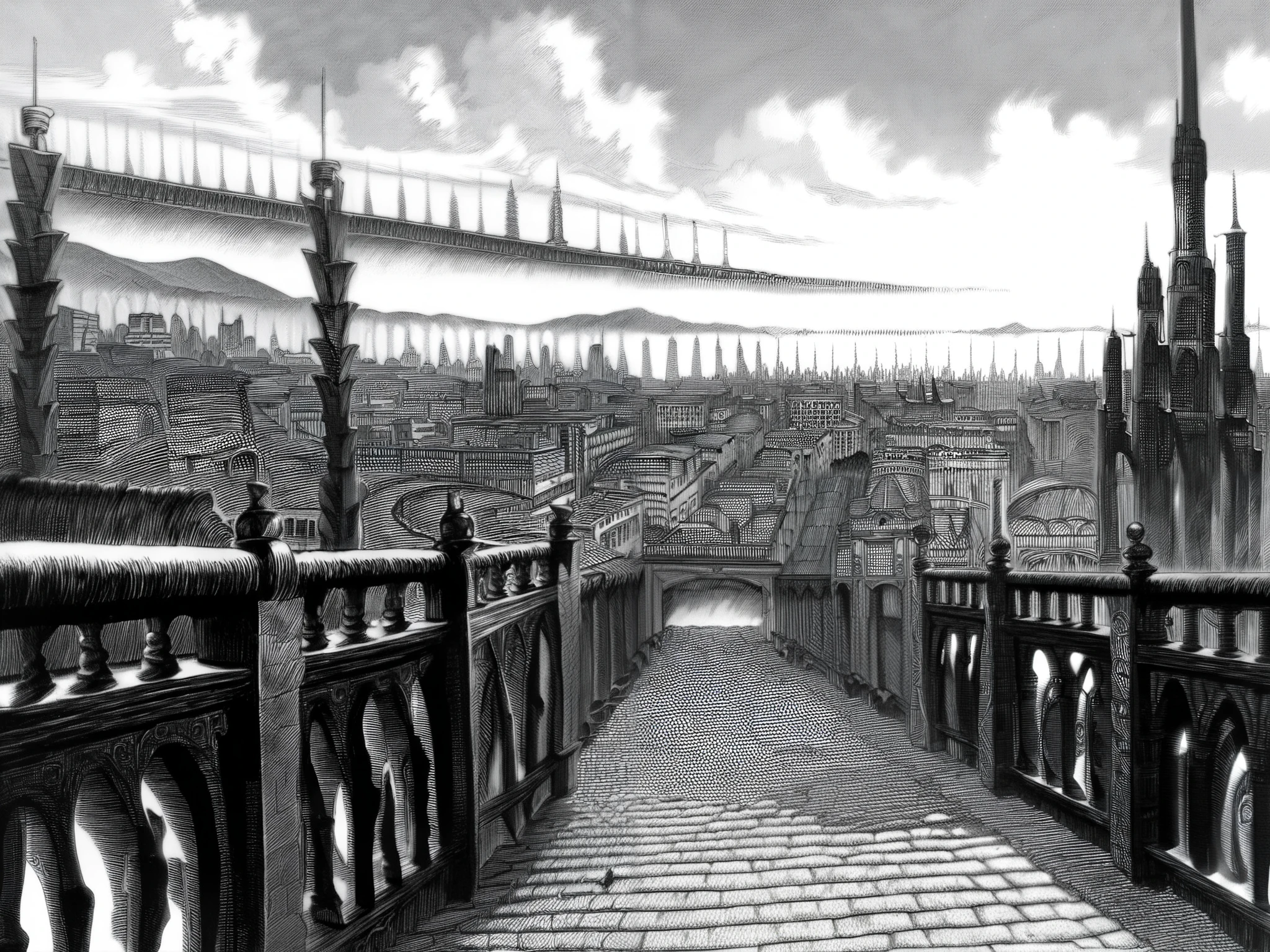 score_9, score_8_up, score_7_up, score_6_up, score_5_up, score_4_up. by Kentaro Miura, cityscape, no people, greyscale, monochrome, detailed hatching, directional hatching, extremely detailed hatching, detailed ink, textured ink, dramatic lighting, harsh lighting.