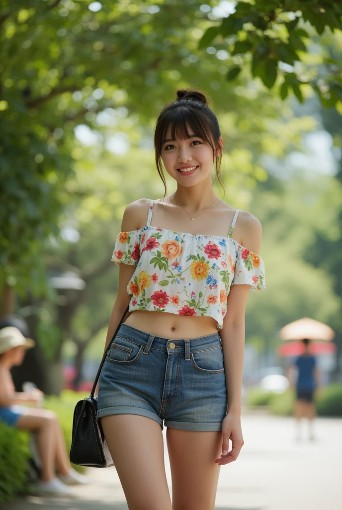 Thai woman, A trendy Asian teenage girl in a chic off-shoulder crop top with floral patterns and low-waisted denim shorts. Her hair is styled in a messy bun. She stands confidently in a sunny park, holding a refreshing drink and smiling brightly. The lush greenery and sunny setting create a cheerful and inviting atmosphere. Detailed face, beautiful eyes, high resolution, photorealistic, natural lighting, vibrant colors, trendy fashion, sunny park backdrop, confident pose.