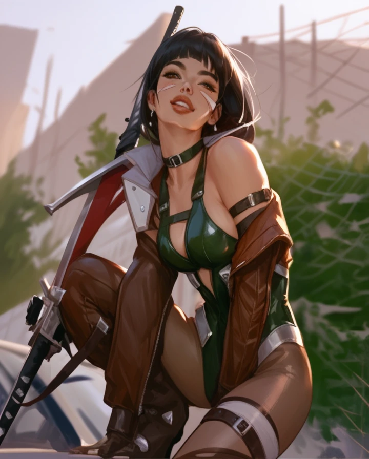 Anime charecter illustration,, digital artstyle,clean tightfit outfit, Assassin outfit,, female , American face