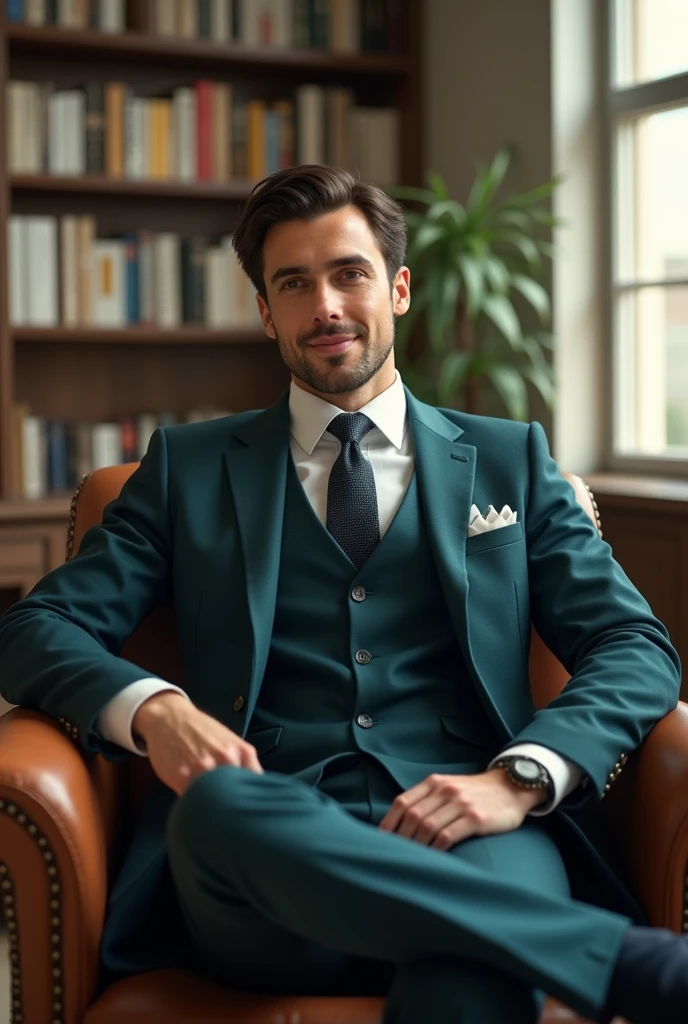 a man standing with 30 years in suit and tie, sitting on chair, cuerpo green colour background