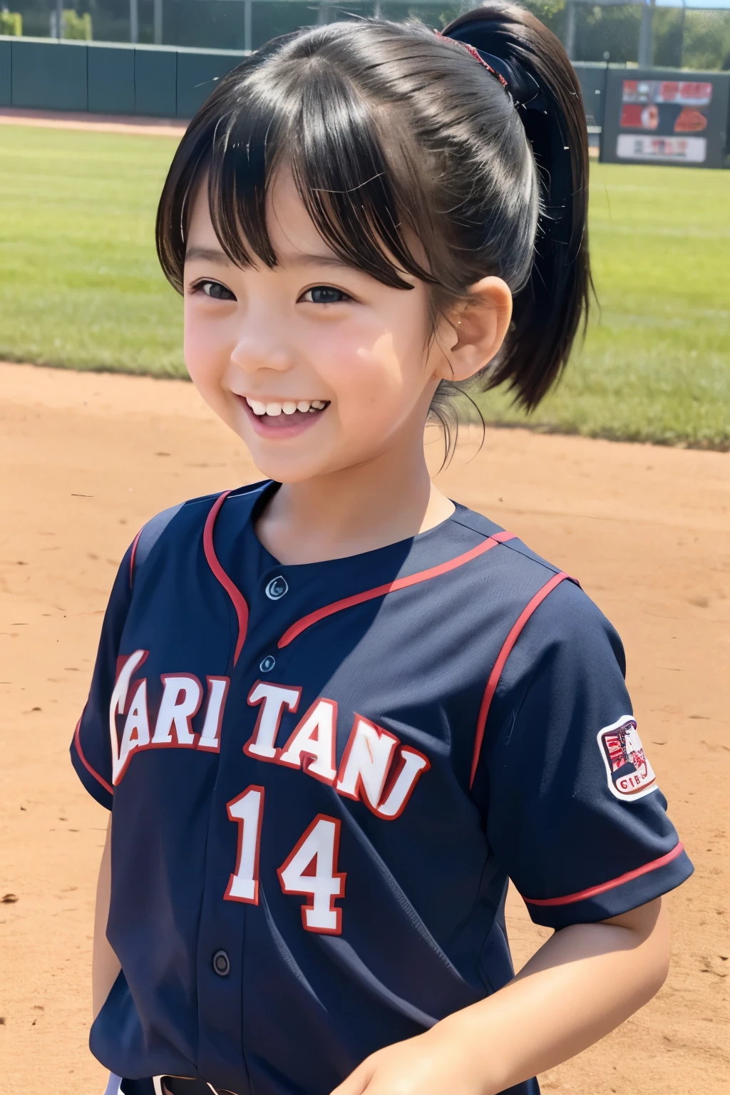 Softball Stadium、8K,masterpiece,Japanese,A cool 9-year-old girl,National Idol、from the front,smile,Innocent face,Calm Eyes,Childish,Small flat chest,Baseball uniform、,Short sleeve,Short pants,Straight ponytail,noon,bright,Sweaty delicate body、 body type、