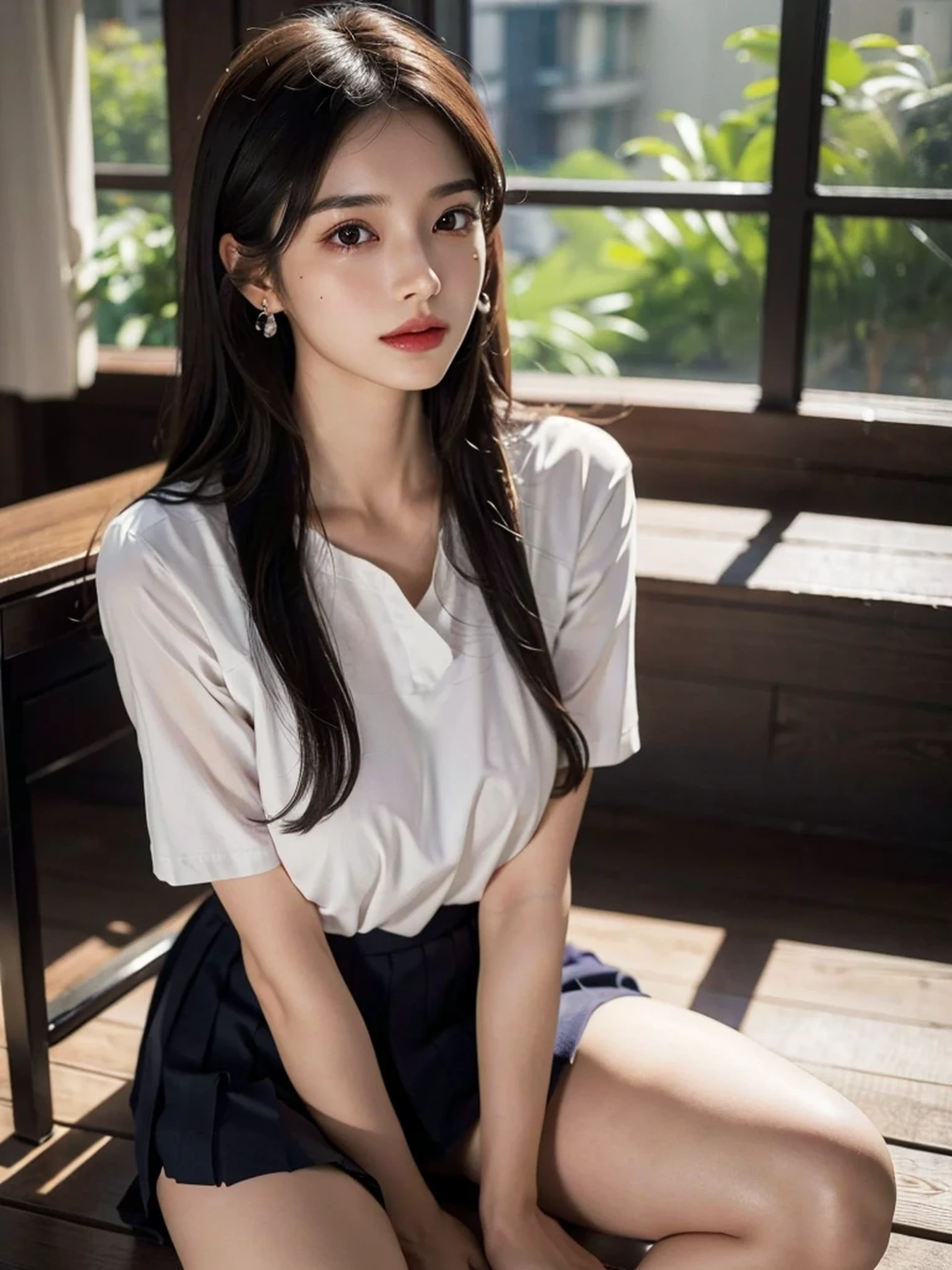 absurdres, RAW photo, extremely delicate and beautiful, masterpiece, Best Quality, ultra high resolution, 32k, hyperrealistic, ultra-detailed, perfect anatomy, super Detailed skin, perfect figure, Super Beauty, Perfect Style, Perfect balance, Beautiful Lighting, Perfect Lightning, Realistic Shadows, 20 years old, very Slim body, narrow waist, very small head, very small face, delicate facial features, handsome detailed woman, very detailed eyes and face, realistic face proportions, Realistic beautiful face, Realistic beautiful eyes, tearful mole, earring, very huge round breasts, legs, medium hair, asymmetrical hair, full_body_shot, indoor, school_uniform, short skirt, bare foots,