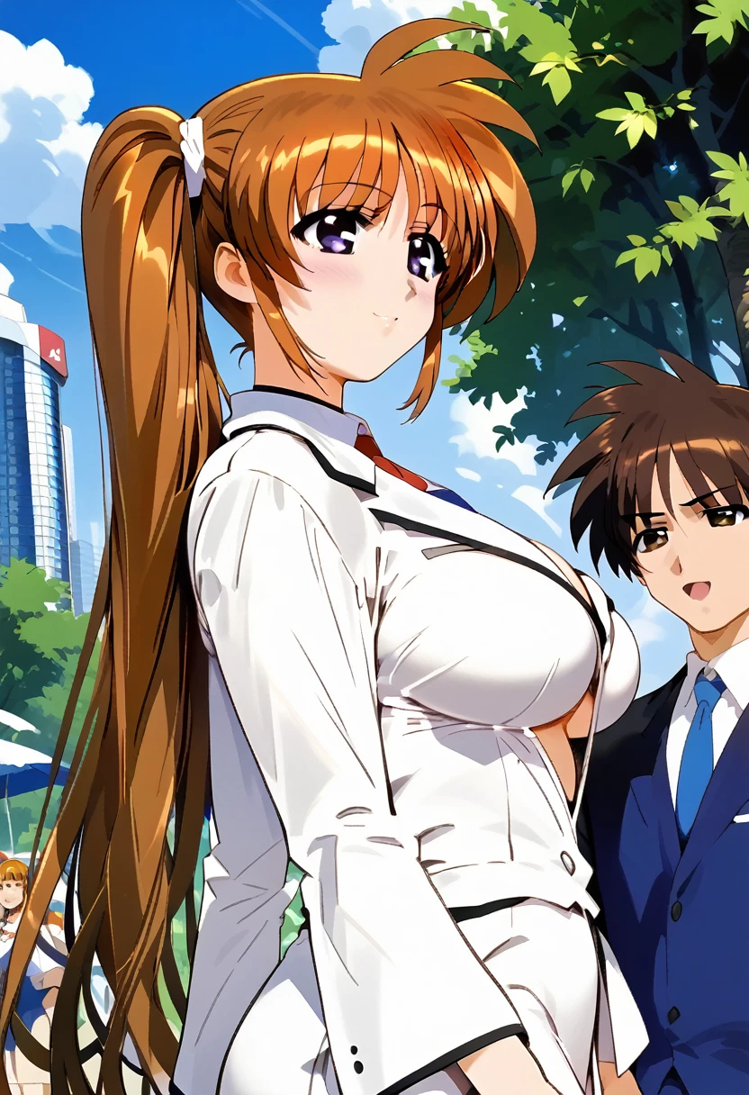 score_9, score_8_up, score_7_up, score_6_up, score_5_up, score_4_up, BREAK uncensored, official art, official style,anime_screencap , anime coloring ,dbj , qqx, cch, zjw , 1girl ,takamachi nanoha,long hair,brown hair,purple eyes ,side ponytail , large breasts,clothed male nude female ,outdoor