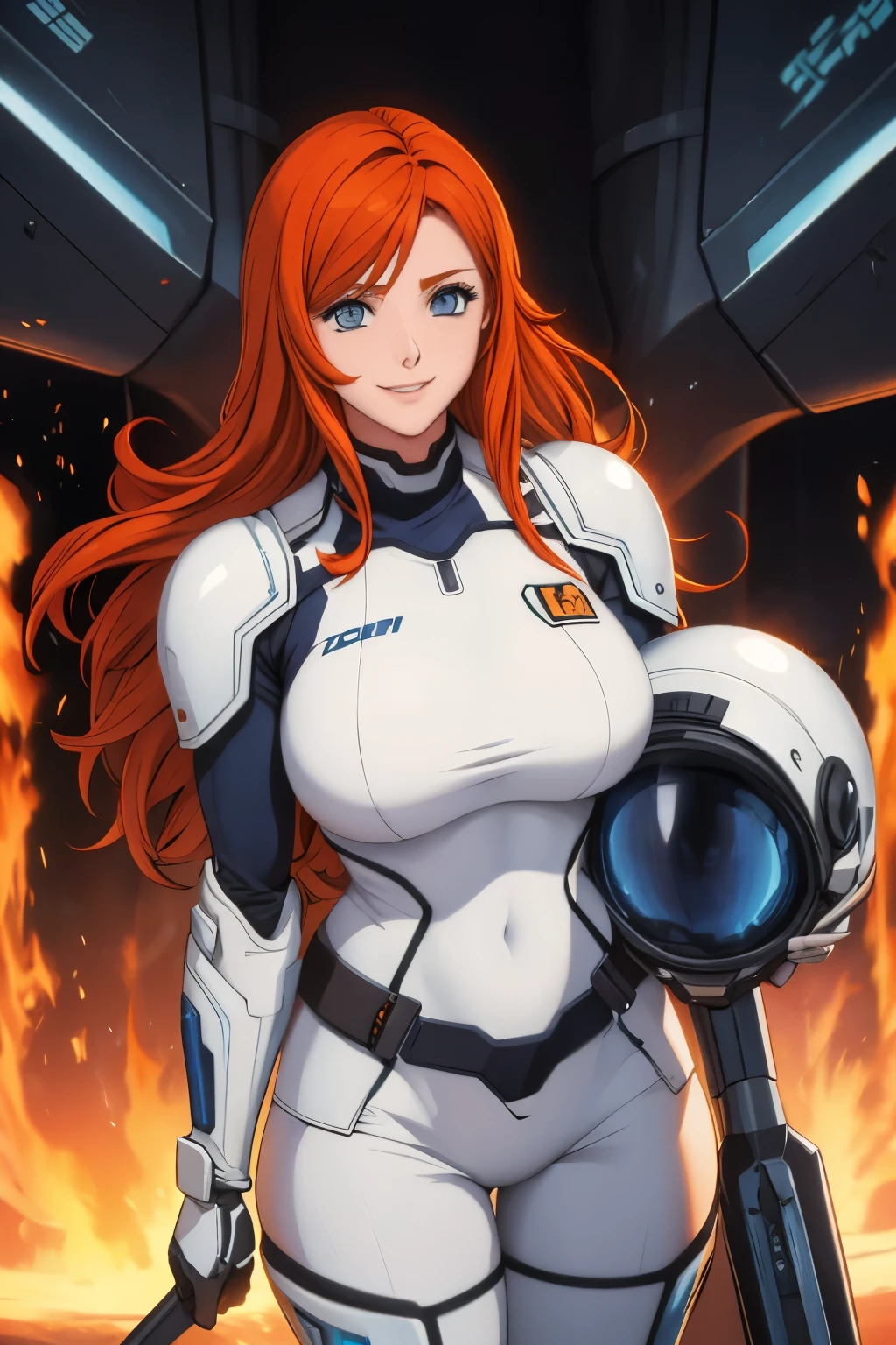 Woman , long orange hair, ginger hair, blue eyes, smiling, White mech armor, black pants