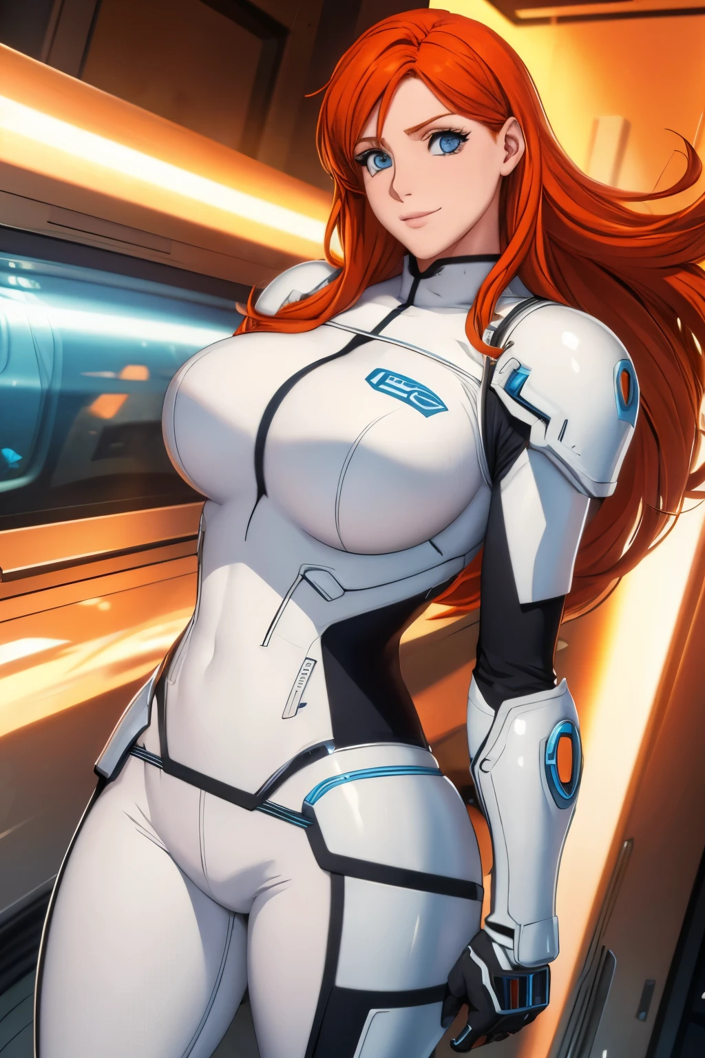 Woman , long orange hair, ginger hair, blue eyes, smiling, White mech armor, black pants