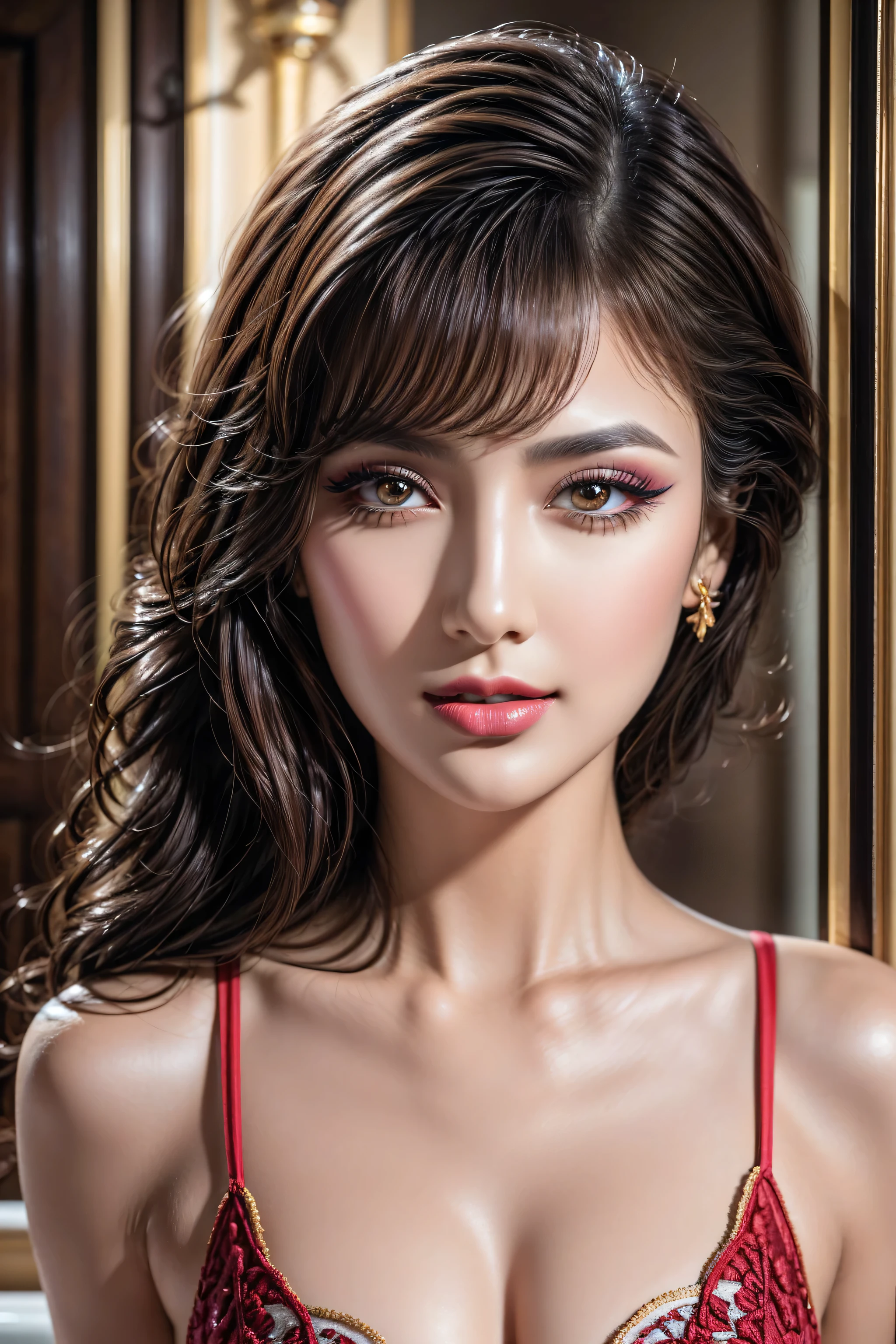 Fashion model 25 years old [[[[close]]], [[[[chest]]]], [[[[head]]], [shoulder]]]]], perfect eyes, perfect iris, perfect lips, perfect teeth, perfect skin, soft front light, shine, HDR, (soft colors: 1.2)、fashion show