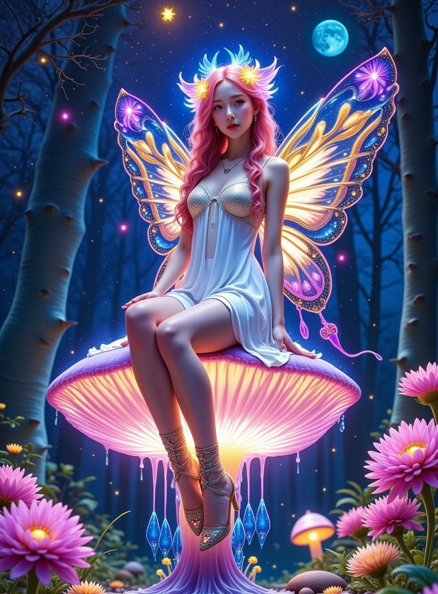 a picture of an exquisite beautiful female fairy sitting on a (Bioluminescent Mushroom: 1.4)  under the starry night sky at the forest, dynamic angle (ultra detailed, Masterpiece, best quality), ultra detailed face (ultra detailed, Masterpiece, best quality), ultra feminine, fare skin, pink hair, wavy hair, dynamic eyes color, glowing eyes, intense eyes, red lips, wearing white dress, elegant silk dress (ultra detailed, Masterpiece, best quality), butterfly wings (ultra detailed, Masterpiece, best quality), wearing high heeled boots, phosphorous glowing  Bioluminescent Mushroom, sky full of stars background, moon, beat details, best quality, 8k, [ultra detailed], masterpiece, best quality, (ultra detailed), full body, ultra wide shot, photorealism, fantasy art