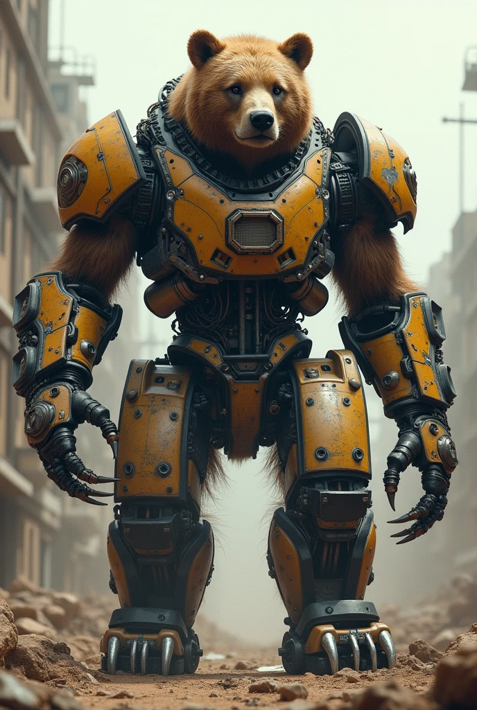 winnie the pooh ((cyborg)), raw, bokeh, torso shot, night, neon lights, battle damaged, machine,futuristic,concept Art by senior character Artist,featured on zbrush central,trending on polycount,trending on ArtStation,CGSociety,hard surface modeling, on a downtown street, rubble, explosions, smoke,