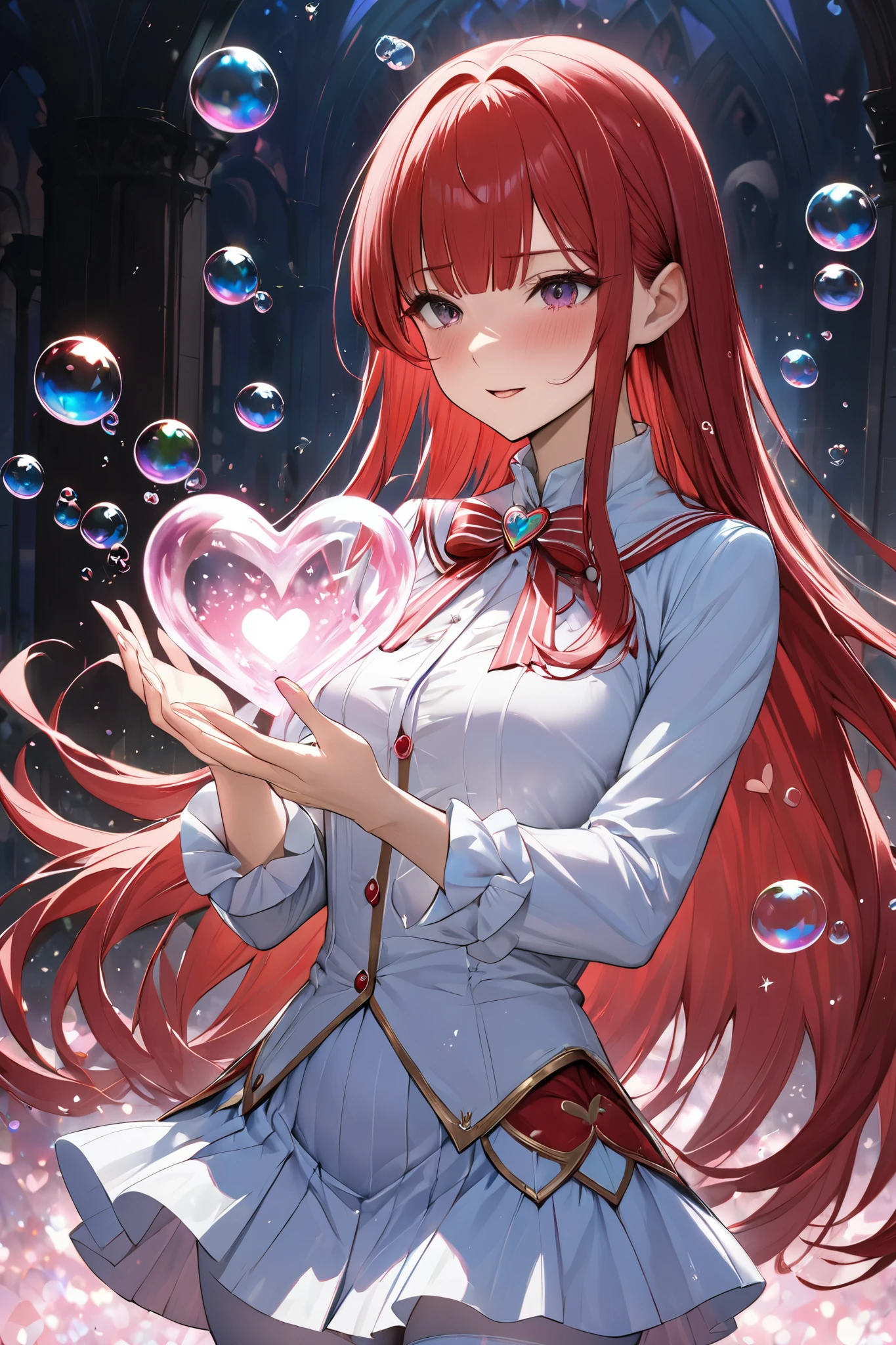 Dynamic composition,Heart-shaped magic bubbles in the palm of your hand,Magic bubbles to make hearts, Adult Magical Girl,girl,white tights,wizard in mini-skirt expressing affection by magic, cool and mature woman, slim body, cowboy shot.blushing, embarrassment, magic activation.tights,{{masterpiece}}, {{{best quality}}},{{ultra-detailed}},,,Straight hair,Long hair ,Red Hair, blunt bangs,hand,close mouth.