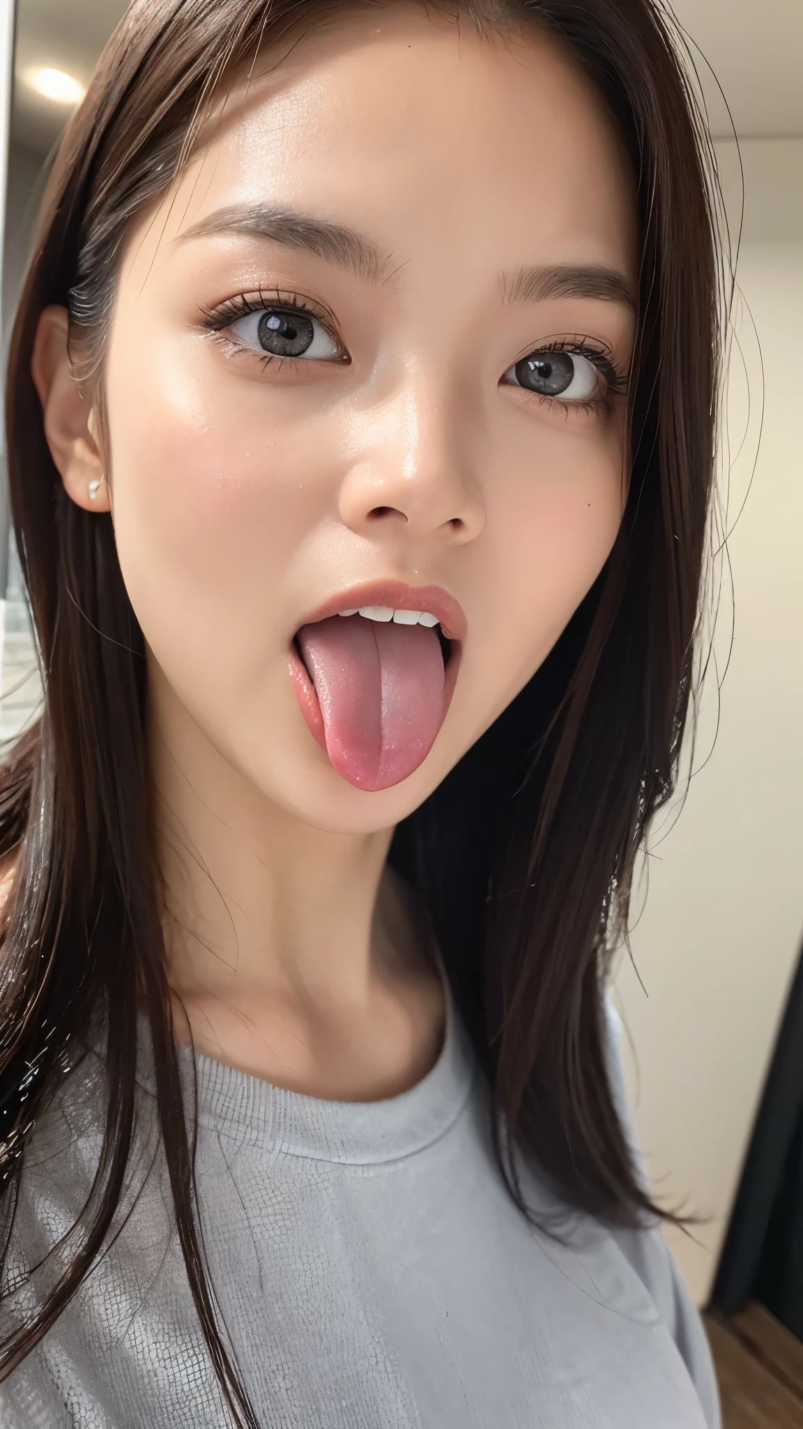 (( best quality)),(超 high definition ),( Very detailed),( detailed description ),(( best CG )),(masterpiece), Very detailedなアート、( best quality、8k、32K、masterpiece)、(Realistic)、(Realistic:1.2)、( high definition )、 Very detailed, ( close-up face :1.6), very pretty face and eyes , Big Eyes, 1 female、 Thin Waist、Delicate body、( best quality、 attention to detail、 rich skin details)、 Very detailed、(Realistic、Realistic:1.37)、 bright color 、( casual fashion:1.3), Realistic nostrils、angle from below、 Dilated C-shaped nostrils 、Sweaty skin、 Sweat accentuates shiny skin 、((Sharp Nose))、shiny skin、Big Eyes、 double eyelid、((Wet tongue)) (())10cm to camera lens