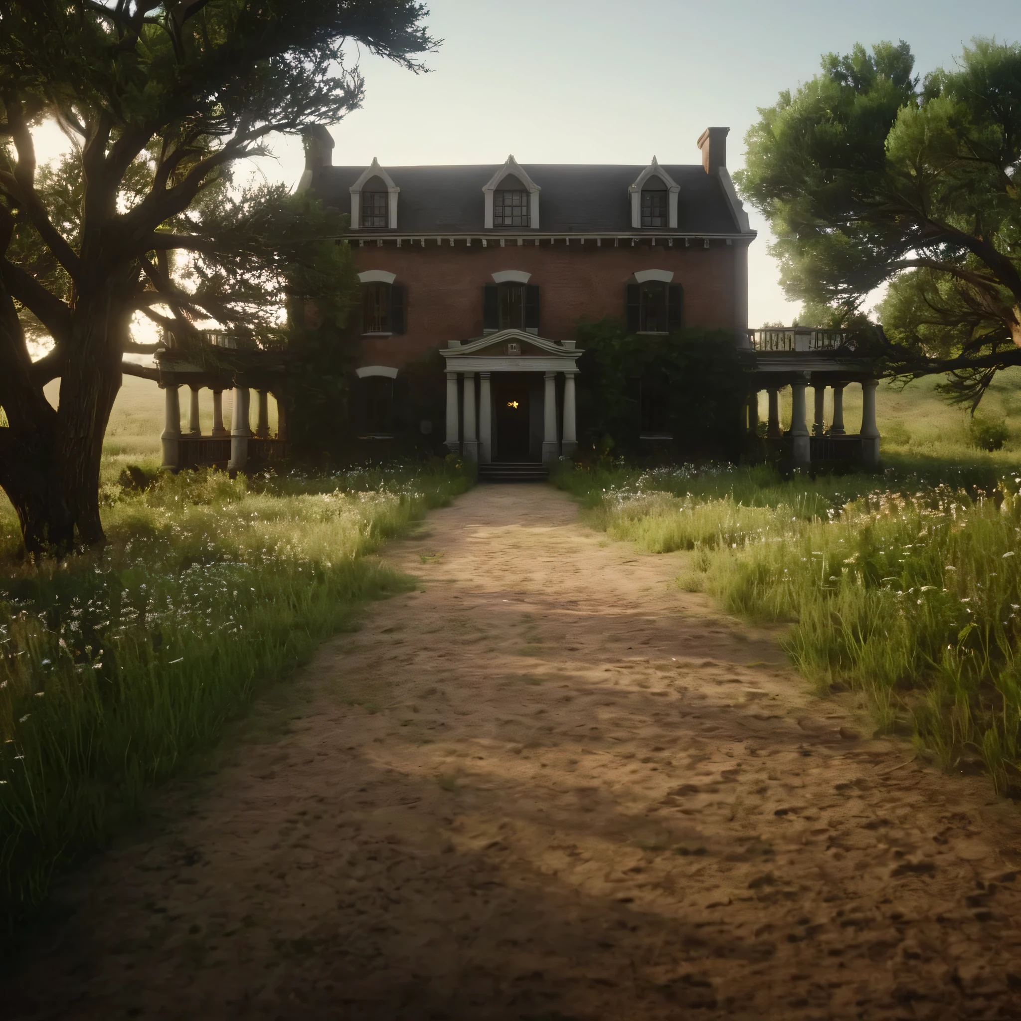 cinematic film still of cinematic film still of  big   WHITE Manor House  1900’s house  building gate at the end of pathway, trees and pathway leading towards house  tress surroundings it outdoors,sky,cloud,tree,grass,ground,wildflowers, wildlife, vehicle,building,scenery,motor vehicle,car,house,bicycle , epic, Western, adventures, outlaw, Red Dead, Western United States, wild west,  Open world, 1900's, realistic, cinematic, film look, dramatic light, partially covered in shadows, gang, Western-themed action-adventure, Red Dead Redemption style, shallow depth of field, vignette, highly detailed, high budget, bokeh, cinemascope, moody, epic, gorgeous, film grain, grainy