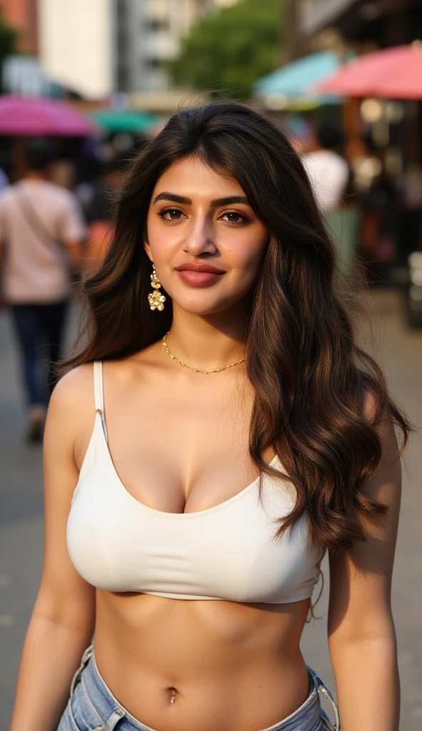 From above front view. portrait of a gorgeous Indian woman , age 23, wavy hair. 
she’s a playboy magazine model. She has a subtle smile and flirts with the camera. 
(She's dressed  with a strapless blouse and jeans. She's standing on a crowded streets of india)

perfect eyes, perfect hands, perfect body, perfect hair, perfect breast, hair behind ear, blurry foreground, UHD, retina, masterpiece, accurate, anatomically correct, textured skin, super detail, high details, high quality, award winning, best quality, highres, 16k, 8k