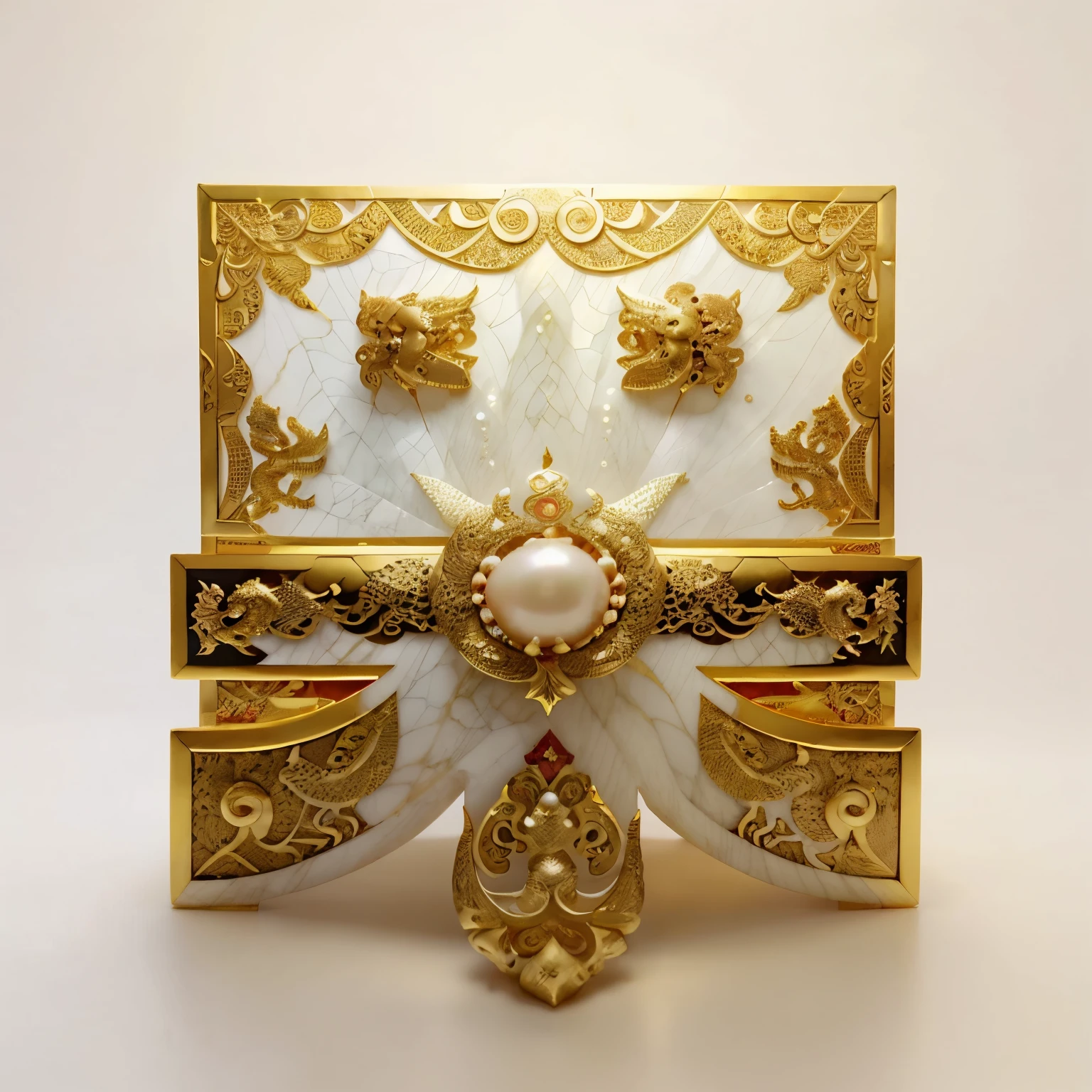 hjydragonlinetext, alabaster, (ruby), gemstone, pearl, chinese dragon, non-human, ((white background)), scales, gold line, gold outline, ((masterpiece)), ((best quality)), traditional chinese pattern, smooth, flowing, ruby, pearl,