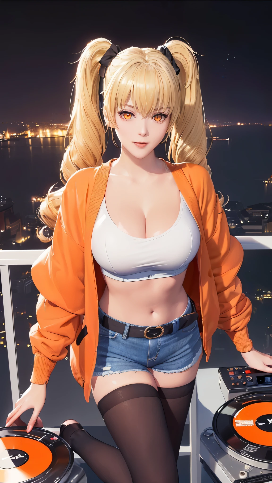 (（（figure，御姐figure,White and tender skin,（（（ orange cardigan jacket ， white navel top ， blue denim shorts，Little black belt ， Black Stockings  ）））,(（（twintails, Blonde_hair, orange_eyes,））),，((masterpiece)), highres icon,((Best quality at best)),masterpiece,quality,Best quality,(（（  and watch the audience， is open to the audience,Light in the eyes，happy，lol）））， huge ，A girl，In front of the disc player，Night scene background ，Bright colors）））