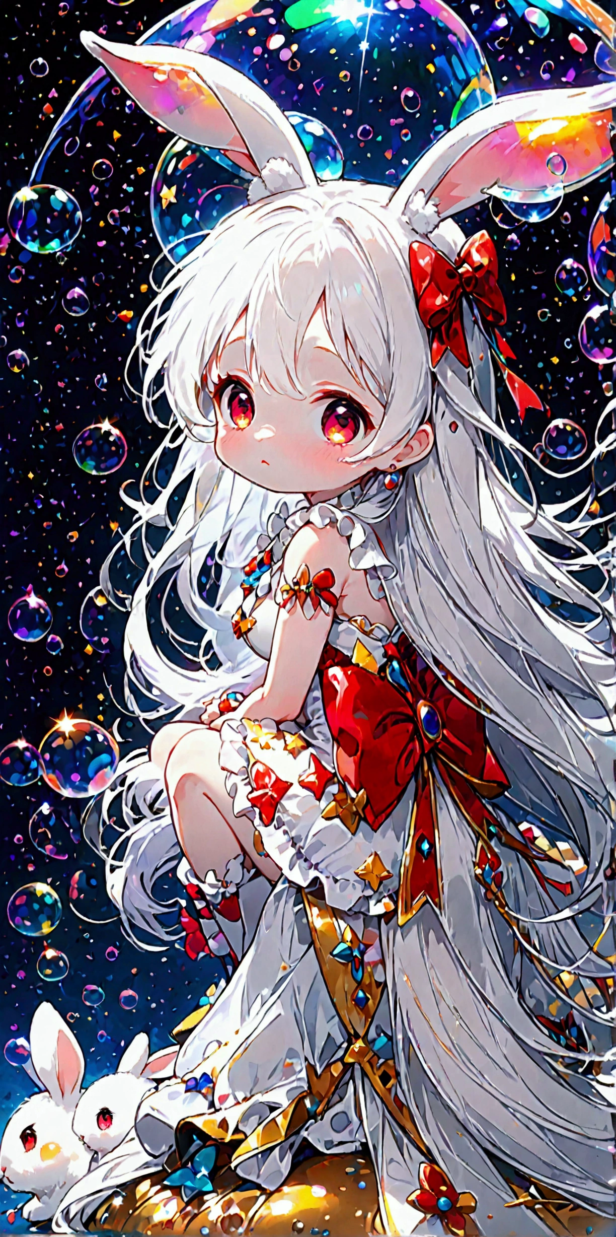 solo,1girl\((chibi:1.3),cute,kawaii,(white hair:1.7),(very long hair:1.7),bangs,(ear\(fluffy white bunny-ear\):1.4),(red eye),big eye,beautiful shiny eye,skin color white,big hairbow,(white frilled dress:1.3),breast,(sit on (bubble:1.3)\(huge,gigantic, elasticity,soft,beautiful,shining in vivid cosmic color,(transparent:1.3),(float in sky:1.4)\):1.5)\). BREAK .background\(night sky,stars, calescent-moon\). BREAK .quality\(8k,wallpaper of extremely detailed CG unit, high resolution, top-quality, top-quality real texture skin, hyper realistic, increase the resolution, RAW photos, best quality, highly detailed, the wallpaper, golden ratio, high saturation realism, vibrant colors, dramatic lighting, persuasive storytelling, atmospheric scenery, captivating visuals, intricate details, strong emotions, dreamlike world\),(from below),(longshot:1.3),(dynamic angle:1.2),landscape