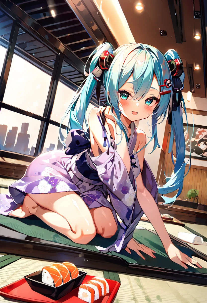 (hatsune miku:1.2), (blush:1.4), (gleaming skin, shiny skin:1.4), (virgin killer kimono, gorgeous:1.4), (japanese hairpin:1.4), (seiza:1.4), (sushi:1.4), (luxurious penthouse, indoor rooftop sushi restaurant, wooden, tatami:1.4),