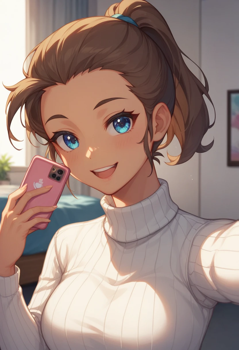 brown hair color、tan, blue eyes, hair pulled back、ponytail、cute face、 she wears a turtleneck and a jean、、taking a selfie、 iphone mirror selfie, upper body、adult german woman、full body portrait、indoor. add imperfections, dim light, flash light