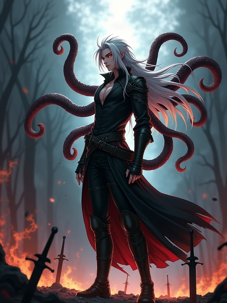 Anime warrior with red eyes and long white hair in a gothic combat costume， strong body，Young and handsome，Turn sideways，There is a flame under your feet，Standing on a battlefield full of swords. Eight thick tentacles grow from under his back，Black demonic scent 