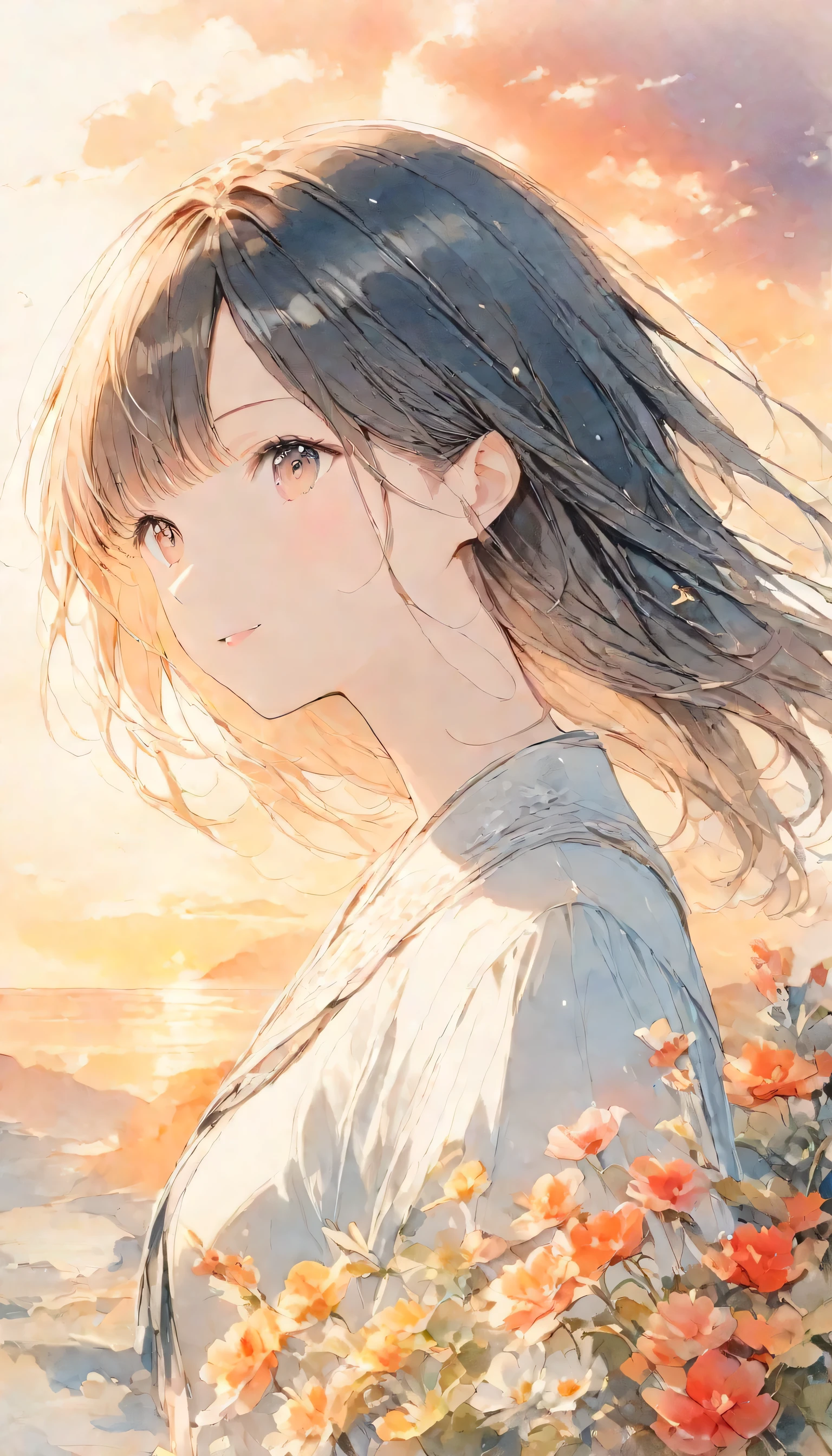 Light color、Watercolor,2.5D,#SDXL、 ((( Beauty 、alone、  one woman)))、 Full Body Esbian、 Sunset Sky Art 、  super detailed_face_eye、Highly detailed face、Navy、pink、red、 Gradient 、 soft colored artwork、warm, Antique Color