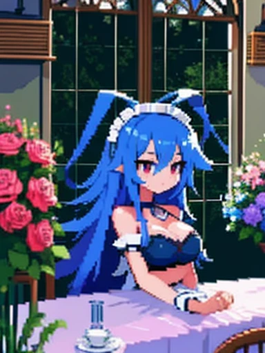 (Must work)、( best quality)、 Very detailed、 1 Girl 、 perfect face、 beautiful girl、 Very detailedな顔、（Long Blue Hair:1.5)、(Red eyes:1.4)、（ maid outfit :1.2）、Lahar-chan 、 long blue hair 、Antenna Hair、Red eyes、Big Breasts、 cleavage、solo、 1 girl 、( Vivid Details of Scenery :1.2)、indoor、Cafe、Lots of roses 、Light blue wall、Lots of roses 飾られた壁,there is a table with a vase of flowers on it, beautiful aesthetic, flower shop scene, beautiful and aesthetic, beautiful ambiance, gorgeous atmosphere, dreamy aesthetic, cottagecore!!, dreamy atmosphere, beautiful ambience, pastel blues and pinks, nature and floral aesthetics, dreamy and romantic, romantic atmosphere, cottagecore,(Pixel art_1.1),Colorful portraits, Pixel art