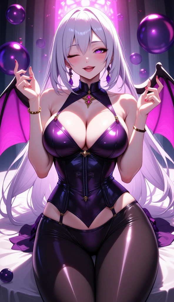 1 mature and seductive woman,(Detailed Description,Incredibly absurd,High resolution,8k wallpaper,masterpiece,Highest quality,Depth of region,Anatomically accurate depiction,A face with attention to detail, Eye for detail,Perfect body,Two lovely hands, Five perfect fingers),(Glowing Skin,Shiny skin,Oilskin),((Sexy succubus in a shiny sequined dress)),(Luxurious accessories,necklace,Earrings,bracelet,stockings),eyelash,(Luminous purple eyes,There is cleavage in the chest,Bewitching Smile,Glossy lipstick,Inviting gesture,blush,Sidelong glance,profile),Sweat,(whole body),(background:Night Bar,(She is leaning forward and placing her breasts on the counter),Holding a cocktail glass),(From above:1.1),Purple air