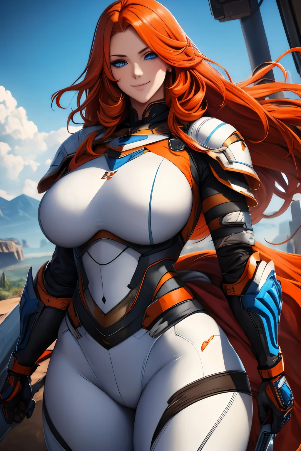 Woman , long orange hair, ginger hair, blue eyes, smiling, White mech armor, black pants